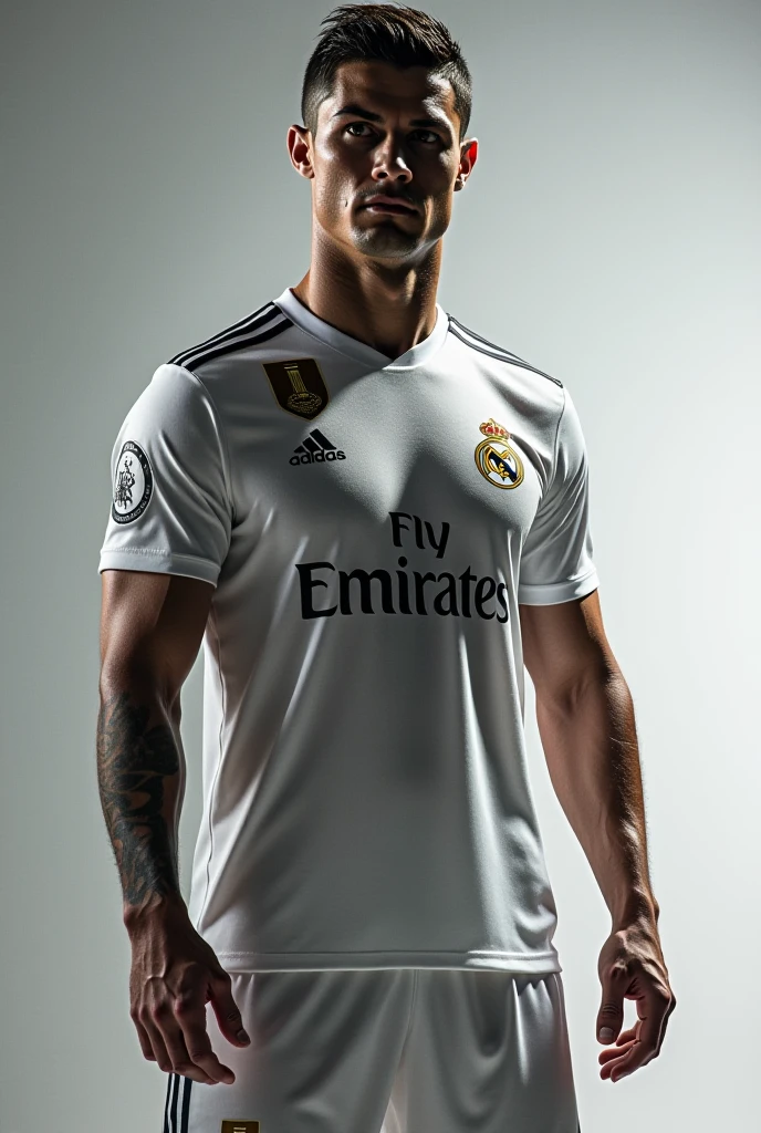 {{{Real Madrid}}}, light, {{Adidas golden line soccer jersey on white background}}, {{{best quality}}}, {{{realistic}}}, {{{Detailed facial description}}}, realistic 눈동자, {{handsome western man}}, realistic 유니폼 주름, football을 들고 있는, {{{Real Madrid}}}, {{{soccer stadium}}}, football
