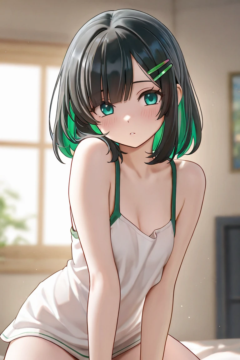 NSFW,Animation,flat 2d,Fullbody,image video,Detailed face,(adult game cg,BISHOP),messy bob cut,black hair,,(sunburned skin),oiled skin,in the room,,(green camisole:1.2),miniskirt,(embarrassed expression:1.1),,Looking at viewer,(flat chest:1.3),learning forward,(doggystyle:1.3),doggy collar with long chain,macho man lead chain