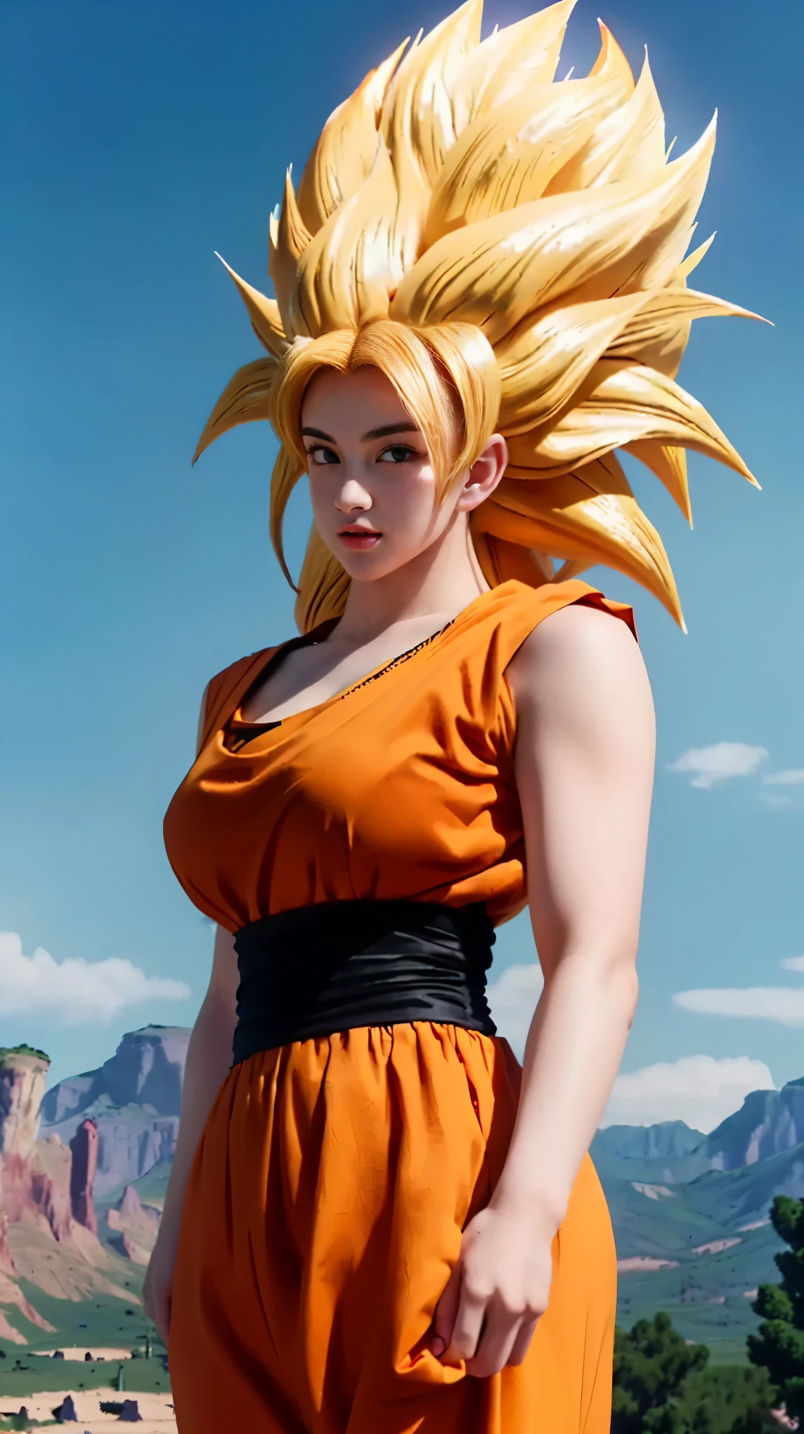 a close up of a woman in a dress with a dragon on her head, big breasts, firm breasts, thin lips, shiny lips, sexy body, russian , blue eyes, saiyan girl, female goku, anime girl in real life, anime cosplay, character dragonball, anime girl cosplay, full-cosplay, hyper realistic, realistic style, professional cosplay, human goku, photorealistic human goku, realistic cosplay, goku from dragon ball. soft lighting (((professional))), realistic.