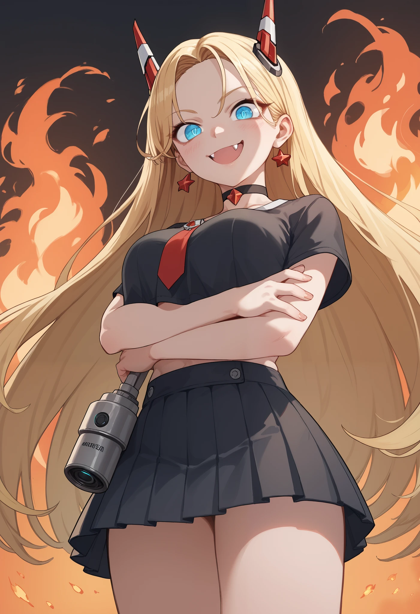 score_9, score_8_up, score_7_up, score_6_up, anime origin, sasha, long hair, parted in the middle, blonde, blue eyes, solo baixinha, choker, bottom view, evil smile, danger, shine, fire, bright eyes, fang, wide smile, looking at the viewer, wearing a mini skirt and a super Crop Top, revealing under breasts, exposed abdomen, Opossumachine aesthetic