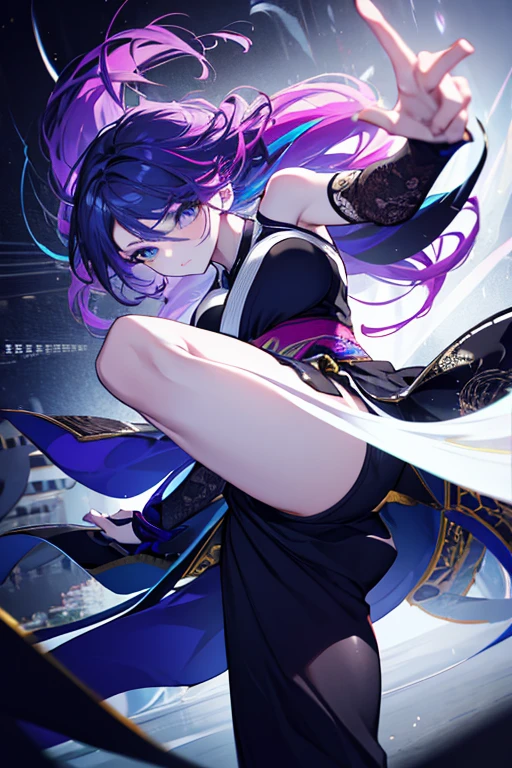 boy. thoughtful look. open forehead. black and purple hair tied in a bun on the left side to one side. sinuous black horns wrapped in dark purple ribbon. pale violet eyes. in short dark purple shorts. long white T-shirt. dark purple knee-high socks. dark_purple long coat with hood. древние dark_purple stone walls purple light from lamps on an old piano