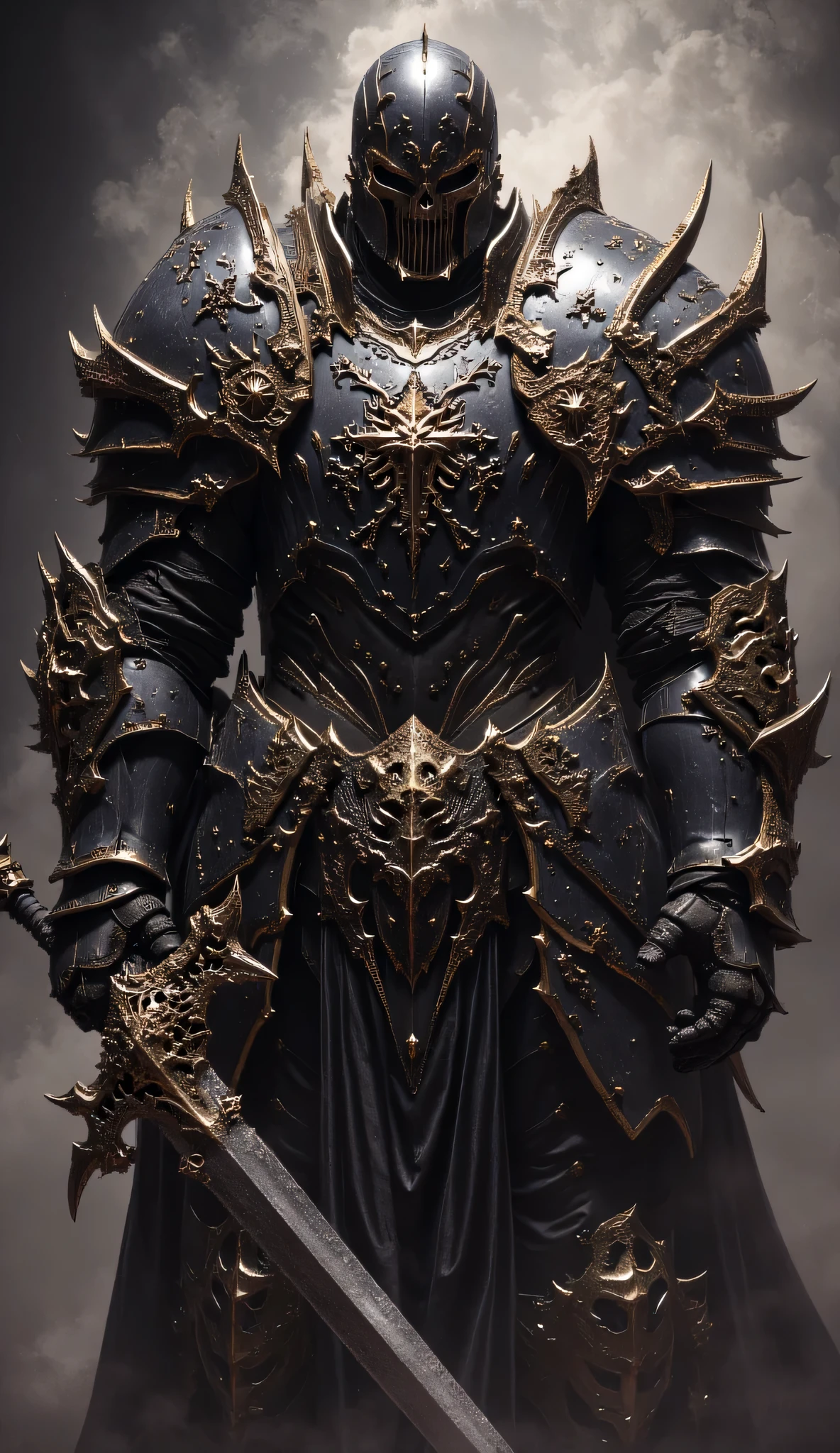 a close up of a man in armor holding a sword, dark souls knight, the dark souls knight, dark souls concept art, ares with heavy armor and sword, darksouls concept art, holy armor, dark souls art style, berserk skullknight black armor, dark soul armor concept, light coming off of the armor, strong fantasy knight, epic paladin armor