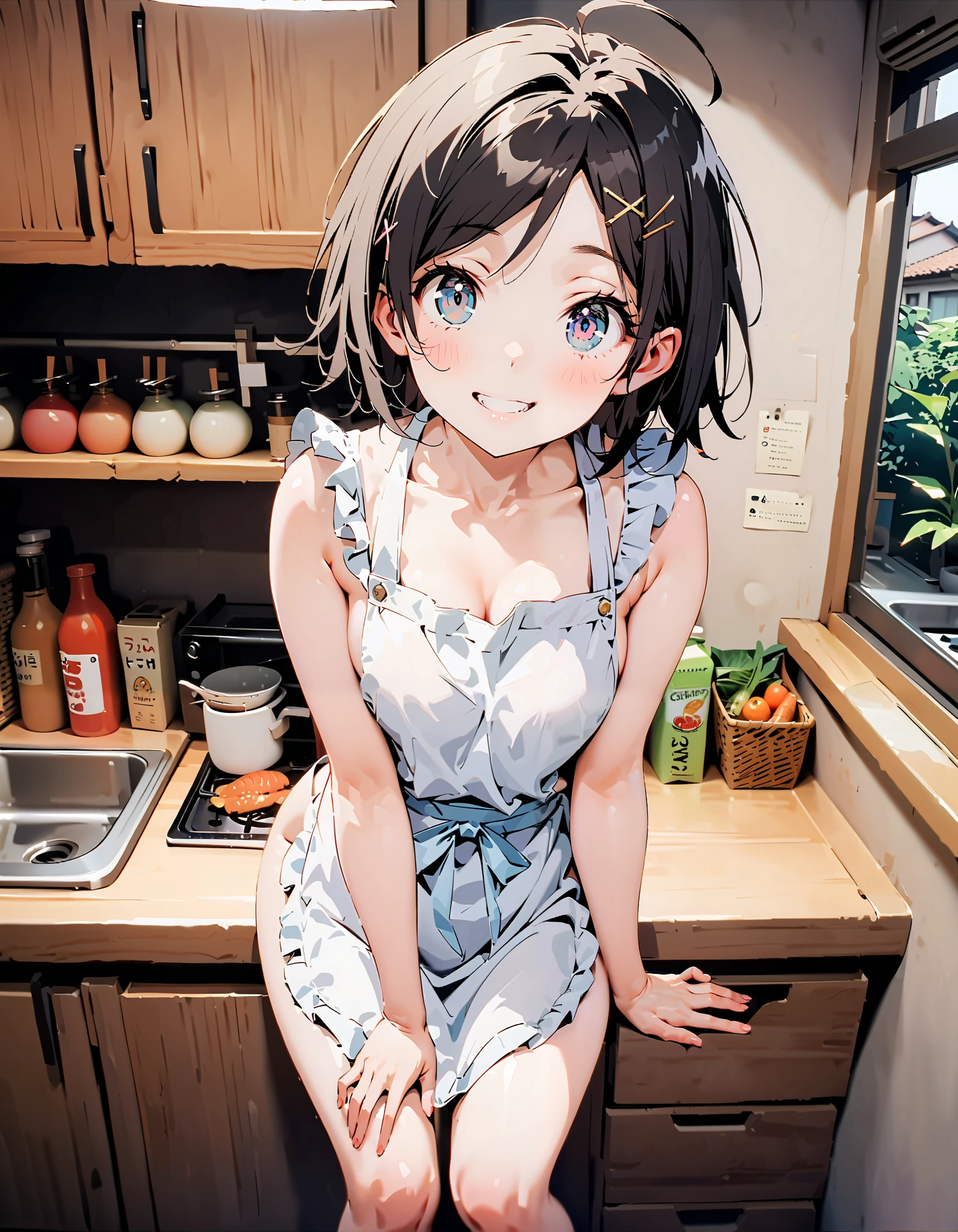 (dynamic angle:1.2, front view:1.1, breast focus:1.0, from below:1.2), (seductive smiling:1.3),masterpiece, 1girl, (pointed chest:1.3), cleavage:1.1,(double breasted:1.2,under bust:1.2), Amazing Cleavage:1.3, thin waist, big ass, Raised sexy, small breast: 1.2 posed cleavage:1.2、solo, looking at viewer, open mouth, have a grass of beergrass,black hair, blue eyes, bare shoulders, jewelry, collarbone, sidelocks, hairband, earrings, indoors, red off shoulder sweater dress, arms behind back, short hair with long locks, blue white hairband, big side hair, very long side hair is rendered in (masterpiece: 1.2, best quality), with (ultra high resolution) and an exquisite (depth of field). This masterpiece is not only visually stunning but also tells,A scene of cooking in the kitchen