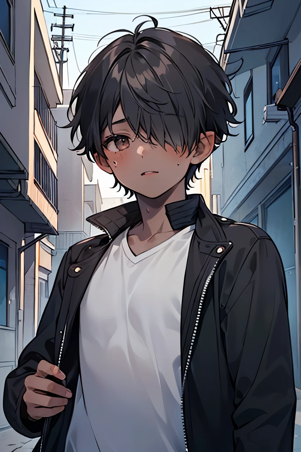 ((1-boy :1.5)),((male性:1.25)),((male:1.2)),a boy on the dark back alley full of gray and black objects,short hair and frizzy hair, hair over one eye,, hair ornament, jacket, pointy ears, Tattered and dirty clothes, Soot stains on the face , slave boy ,((dark skin body:1.35)),Out of focus,