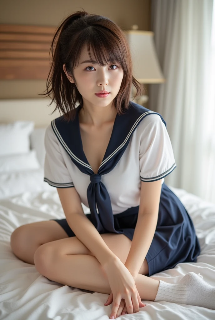 1girl, , japanese gravure model, cute beautiful girl, medium breasts, clean face skin, natural smile,fascinating smile, looking at viewer,
BREAK
sexy feeling, erotic feeling,
(hot-pillow hotel's room:1.2), (Immediately after sexual intercourse:1.1), (japanese high school uniform with sailor collar:1.2), sailor uniform, red scarf, (pleated check skirt:1.3), sit on the bed, spread legs slightly, show panties, white panties, very small lace panties, thin matte fabric cotton panties, panties under the skirt, (a glance of panties:1.6), 
(dynamic angle, dynamic pose:1.3), (from slightly below:1.5),
BREAK
masterpiece, best quality, highres, detailed skin, detailed, detailed face and eyes, hi-res, natural lighting, perfect anatomy, physically-based rendering, photorealistic, symmetric clear eyes, well-groomed face,