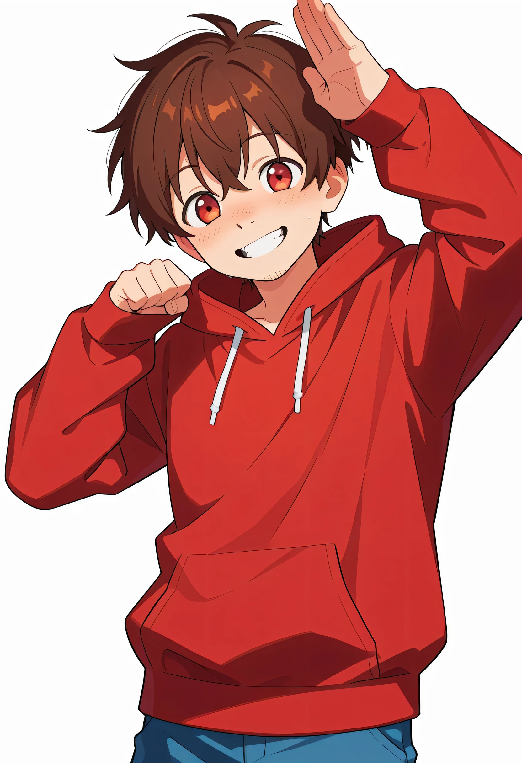 score_9, score_8_up, score_7_up, source_anime, solo,young man,brown short hair,man's red eye,man's nose,man's mouth,stubble:0.6,red hoodie parka,upperbody,whole body length,good man model pose, smile,white background