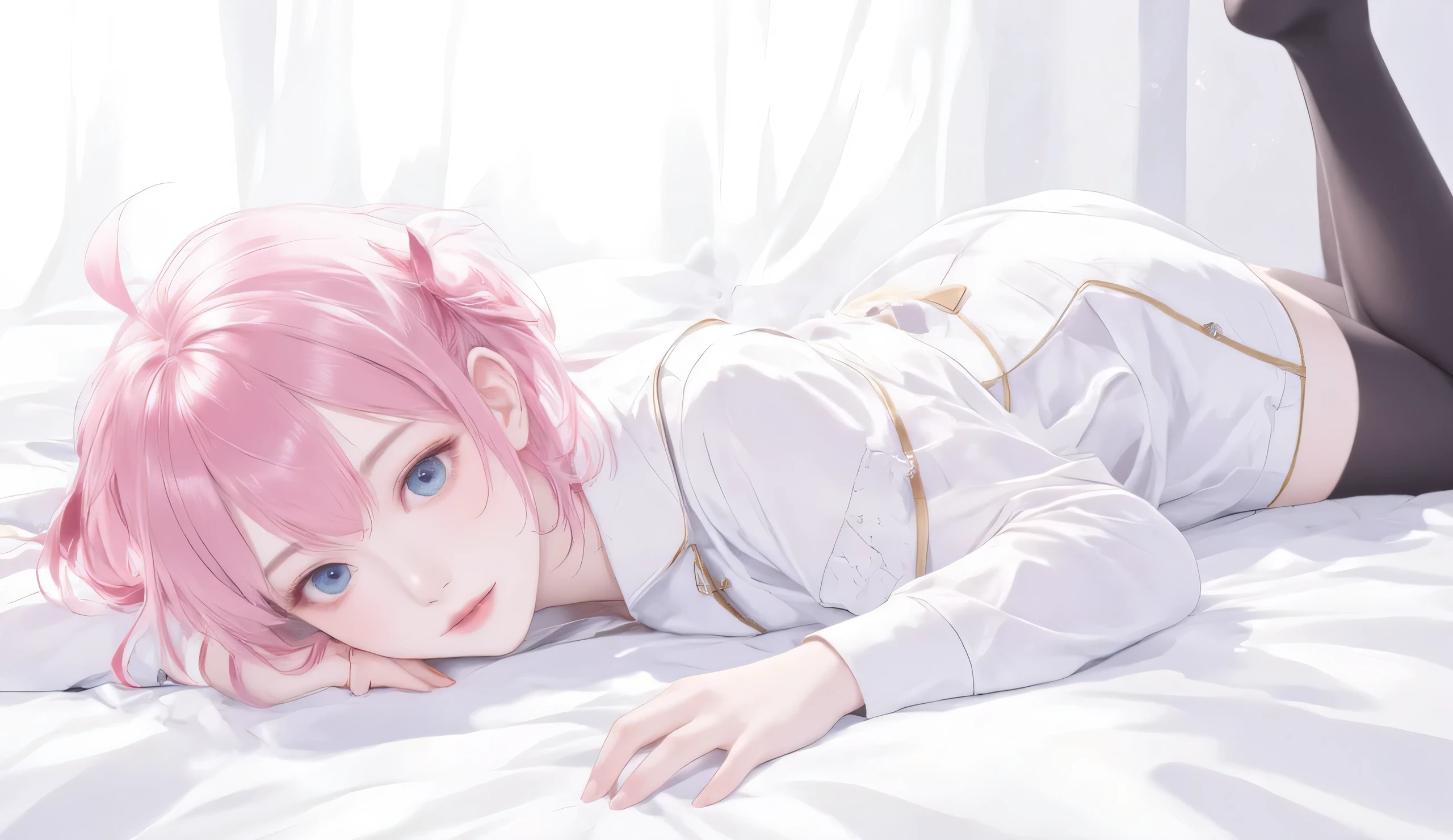 An anime-style female character with vibrant pink hair styled in a neat, short bob. Her bright blue eyes contrast against her soft pink hair. She wears a crisp white uniform with black stockings, lying in a relaxed pose on a soft, white background, with delicate lighting highlighting her features.