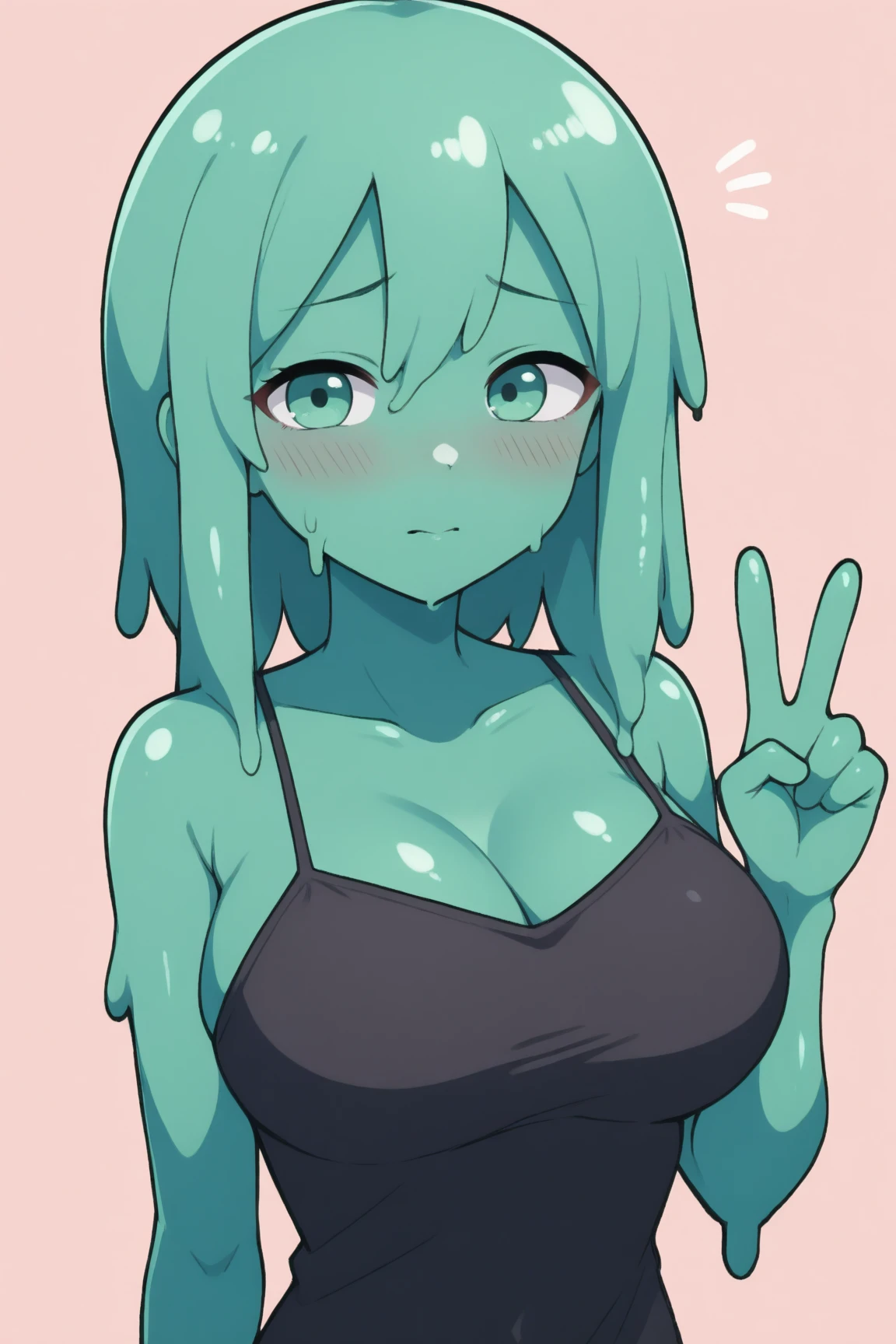 1girl, made of slime, turquoise smile, curvy body, thick body, blushing, shy yet happy, turquoise eyes, anime, turquoise skin, wet body, black sports bra, black shorts, hair in loose bun, turquoise hair, accentuated curvy body