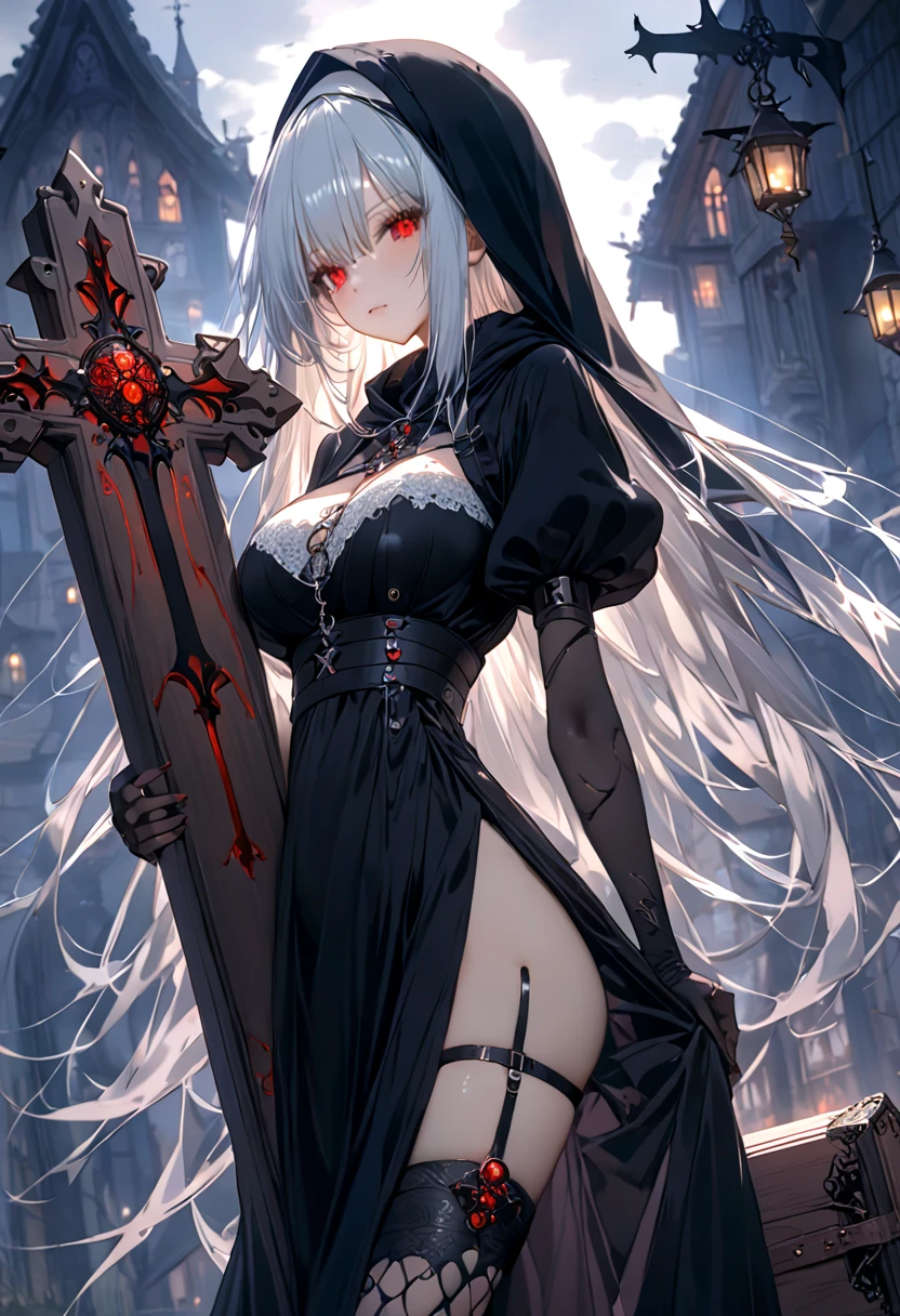 ((best quality)), ((masterpiece)), (detailed), red and white clothing, Bloodborne inspired, occult aesthetic, occult, detailed and intricate steampunk and detailed gothic, NSFW, Very dramatic and cinematic lighting, cosmic horror, grim-dark, side-lighting, perfect face, NSFW, Fluttering lace flared long knee length dress with frilly petticoats, knee length dress, pleated petticoats, lolita dress, petticoats gothic lolita, complex lace boots, side-lighting, gothic lolita aesthetic, wielding a mighty sword with mechanical components, carbine, NSFW, beautiful small breasts, small breasts, full body, whole body, body, NSFW, full body, whole body, head-to-toe NSFW