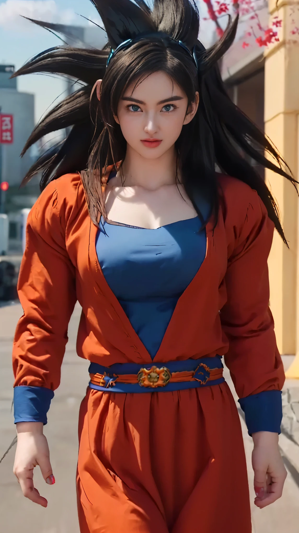 a close up of a woman in a dress with a dragon on her head, big breasts, firm breasts, thin lips, shiny lips, sexy body, russian , blue eyes, saiyan girl, female goku, anime girl in real life, anime cosplay, character dragonball, anime girl cosplay, full-cosplay, hyper realistic, realistic style, professional cosplay, human goku, photorealistic human goku, realistic cosplay, goku from dragon ball. soft lighting (((professional))), realistic.