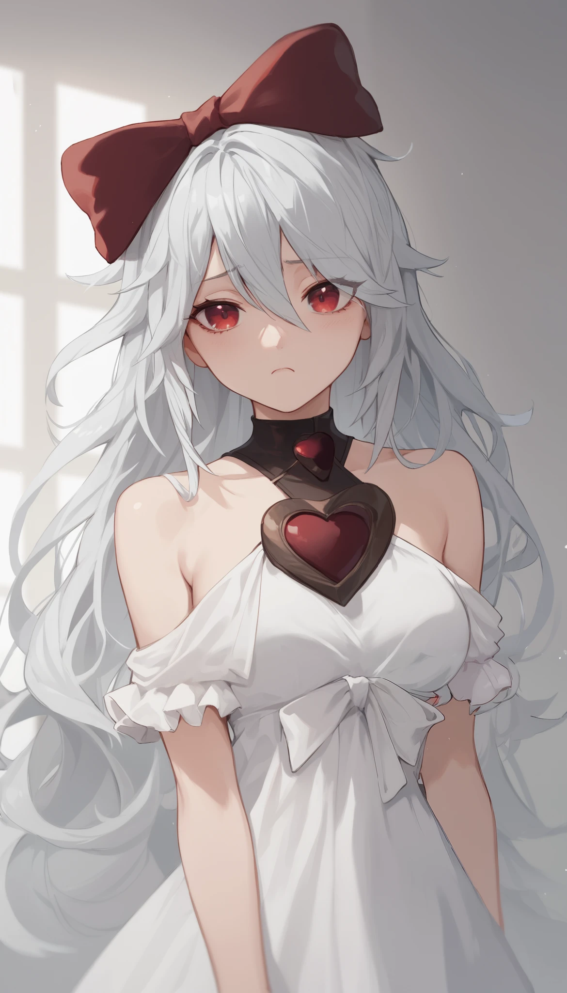 score_9, score_8_up, score_7_up, sinestrea, 1girl, white hair, bare shoulders, white dress, frown hair bow, long hair, heart brooch, medium breasts, hair bow, ribbon, red eyes,Bedroom