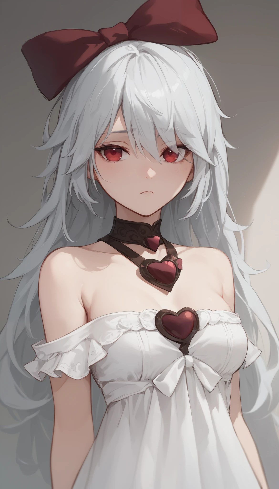 score_9, score_8_up, score_7_up, sinestrea, 1girl, white hair, bare shoulders, white dress, frown hair bow, long hair, heart brooch, medium breasts, hair bow, ribbon, red eyes,Bedroom