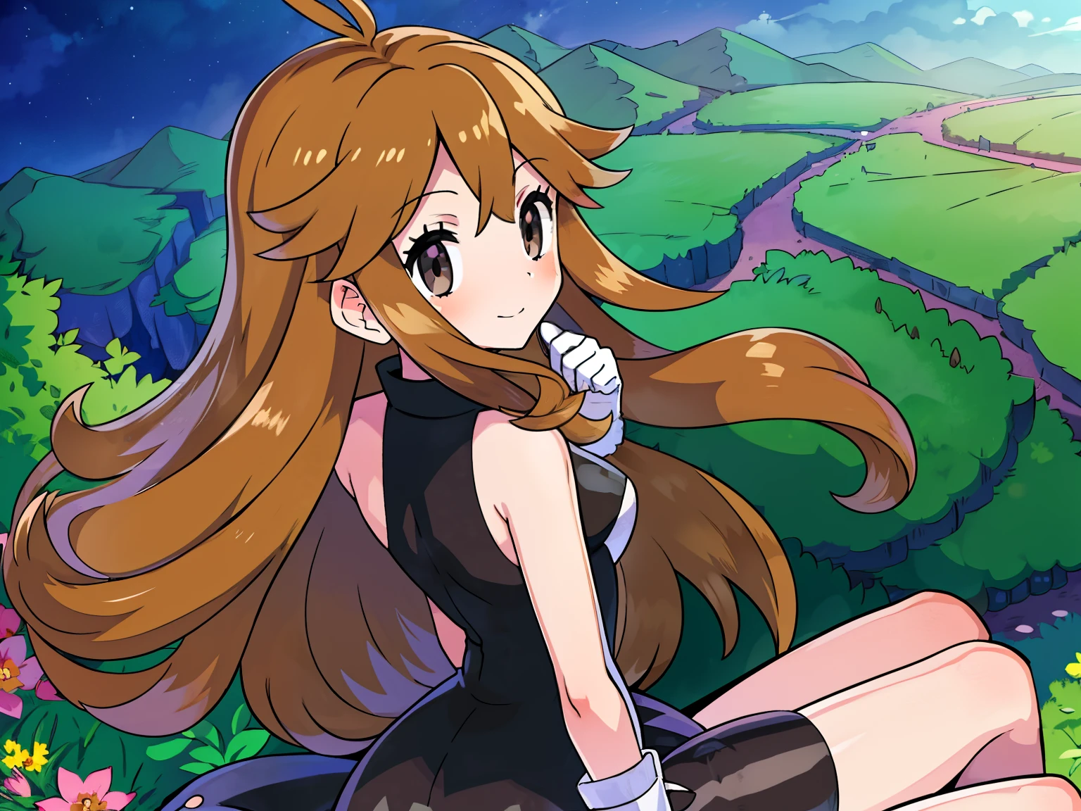 ( best quality)(Masterpiece)(pokemon leaf)(Plain、black sleeveless dress,1.3)back ,from,avoid,canyon(overlooking:1.3)(White gloves:1.2),(girl, deep orange-bronze hair, long hair,hairs between eyes,swept bangs,wavy hair,cuddle:1.2)(cuddle:1.2)(medium breast)(black eyes) 1girl , is sitting、smile、 open your mouth slightly、Raise your finger。leaning significantly forward, with her hands firmly placed on her knees、Put your finger on a woman's lip、Flower Field