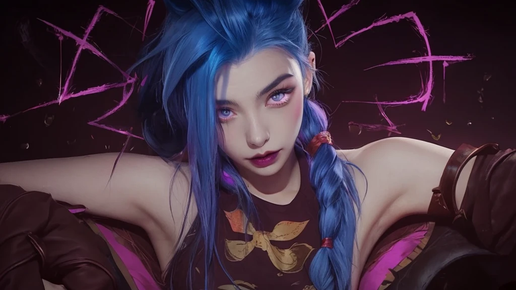 glowing, face focus, portrait, crazy, insanity, glowing pink eyes,arcane style, 1girl, arm tattoo, asymmetrical bangs, bangs, blue hair, braid, brown shirt, cloud tattoo, looking at viewer, laughing, crazy, uncontrollable laugh, mad look, night, city, green hair, long hair, midriff, pink eyes, red lips, shirt, solo, standing, tattoo, twin braids, upper body, arcane jinx, jinx \(league of legends\)