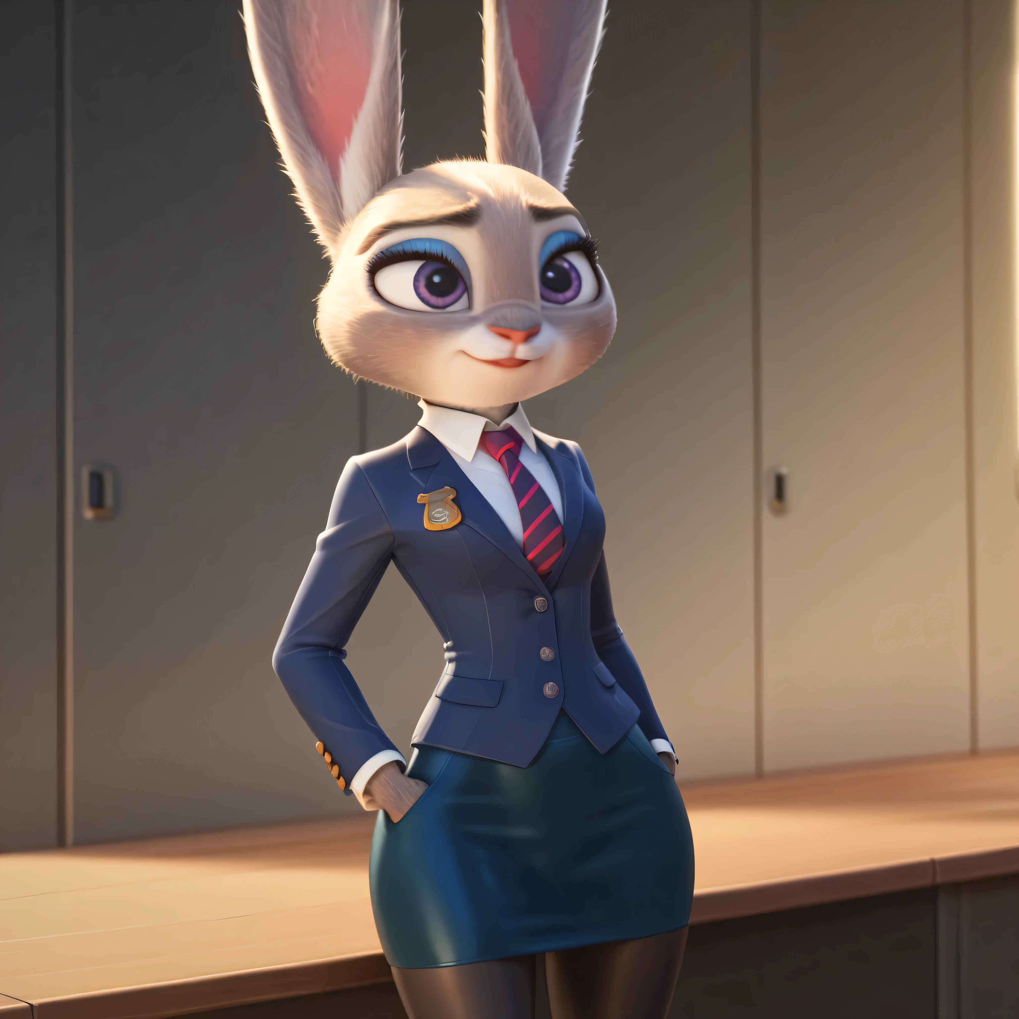 judyhopps, 紫色の目, rabbit, rabbit ears, rabbit girl, ((( skirt suit underneath))), ((( three-piece suit ))), ((( dress shirt ))), ((( tie))), ((( blazer))), ((( suit jacket ))), ((best)), double-breasted best, ((( Bodycon Mini Skirt))), Pocket square, Cufflinks, Tie Pin, Compensate, eyeshadow, mascara, eyeliner , Tough