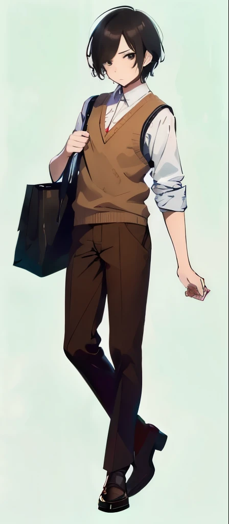 {best quality}, {{masterpiece}}, {highres}, illustration, solo, sharp focus, {{total body}}, full body, {{standing}}, {{toe}}, man, 1guy, 20 years old, black hair, black eyes, simple background, {{wearing brown sweater vest}}, brown shoes, {{holding a bag}}, short hair, {asymmetry bangs}, {swept bangs}, {{glaring face}}, looking at viewer, simple background, anime style, {{{green background}}}