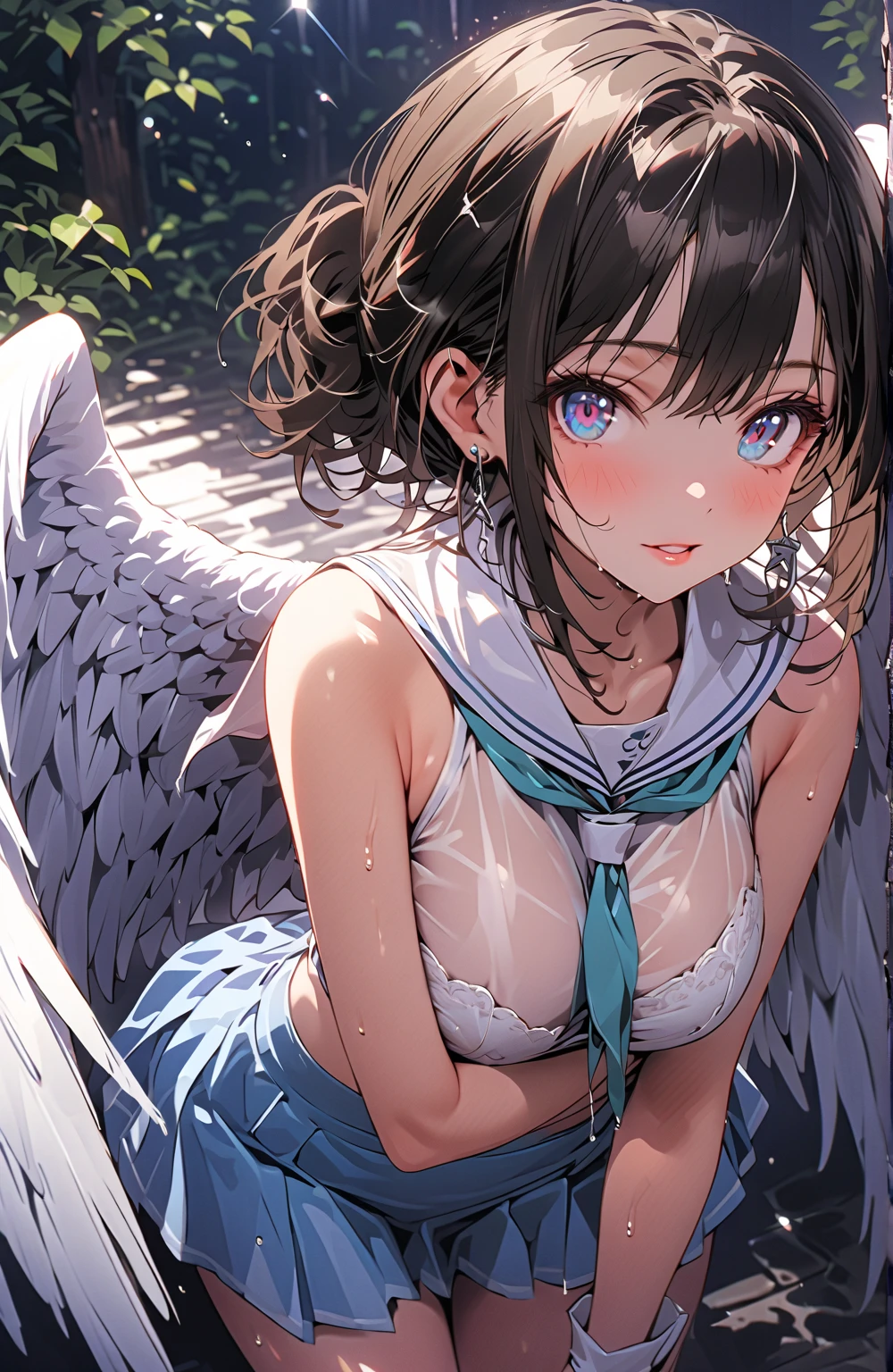 ((Top Quality)), ((Excellent)), (Details),((angel)),,cate , ultra realistic, stunning environment ,vibrant colors,, Black Hair,(Childish face),((Straight Hair)), shiny hair, Girl ,Medium Breasts, ((Naked)), (topless) , ((from_above)) ,Big Wings,((White Wings)), (A pair of wings) , ((Blue Eyes)), half-smile , extreme_close_up, flying, (close_up) ,upper body ,(Cloud World), (In the sky),(Lots of bubbles),arched back ,,Big Wings, ,(Cloud World), (In the sky),((Lots of bubbles)), shiny hair, blunt bangs , 1 Girl ,((Moderate Bust)), ((Blue Eyes)),masterpiece, (half-smile), ultra realistic ,((Emphasize the cleavage)), ((extreme_close_up)) ,((Emphasize the cleavage)), ((Nude)), ((topless)) , best quality, Natural Light, stunning environment ,vibrant colors ,((extreme_close_up)) , ((extreme_close_up)) ,((Emphasize the cleavage)), solo, outdoors,((Moderate Bust)),((naked))