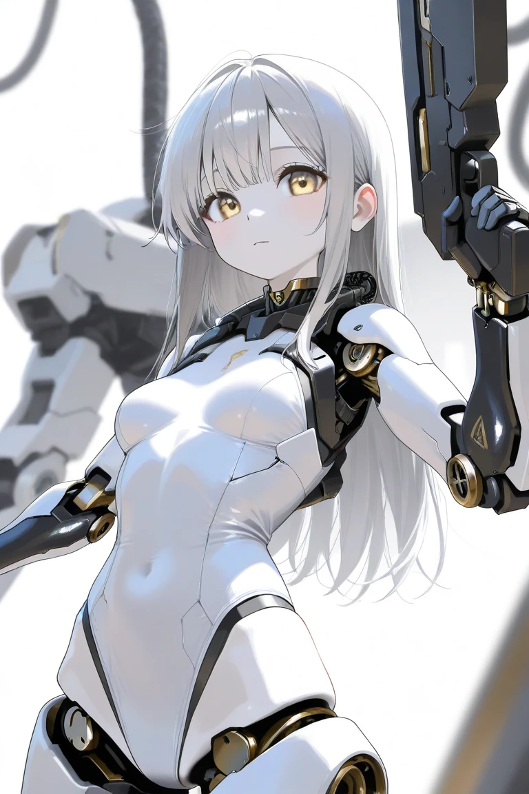 (granular:0.5), 
Cinematic,girl, 
Fine grain, 
Detailed face, 
Futuristic clothing with attention to detail(bare thighs, white High leg leotard, ), 
Light on the clothes, (Sighting gun:1.1), (concealment:1.1), (Are standing, Facing forward, Look to the side:1.1), 
Volumetric lighting, 
separation, 
Dim lighting, 
Accurate and perfect anatomy,