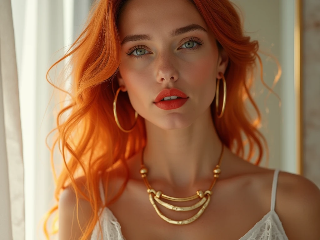 a woman with red hair, hyper-realistic skin, shiny/glossy, modern jewelry, gongbi, portraiture, dark teal and light gold, tropical landscapes, Face portrait photo oF a 21 Year-old German woman, .raw, beautiFul woman, half strawberry lips, strawberry lipstick, Fossettes, big breast, realistic legs, high heels, nostalgic look, detailed light brown eyes, great student, thin eyelashes, (Brown extra long blond hair), ((detailed Face)), ((detailed Facial Features and skin texture)), (Finely detailed skin), light brown skin, (Deep neckline detailing high-tech cyberpunk dress), Cyberpunk big city environment, (cold colors), moist, moist, reFlections, (masterpiece) (height ratio / perfect width) (photo realist) (best quality) (detailed) Shot with Canon EOS R5, ObjectiF 50mm, F/2.8, human development report, (8k) (wallpaper) (light) (Dramatic Light) (sharp focus) (complicated), sharp details, skin detail sharpness, big breast, huge breast,