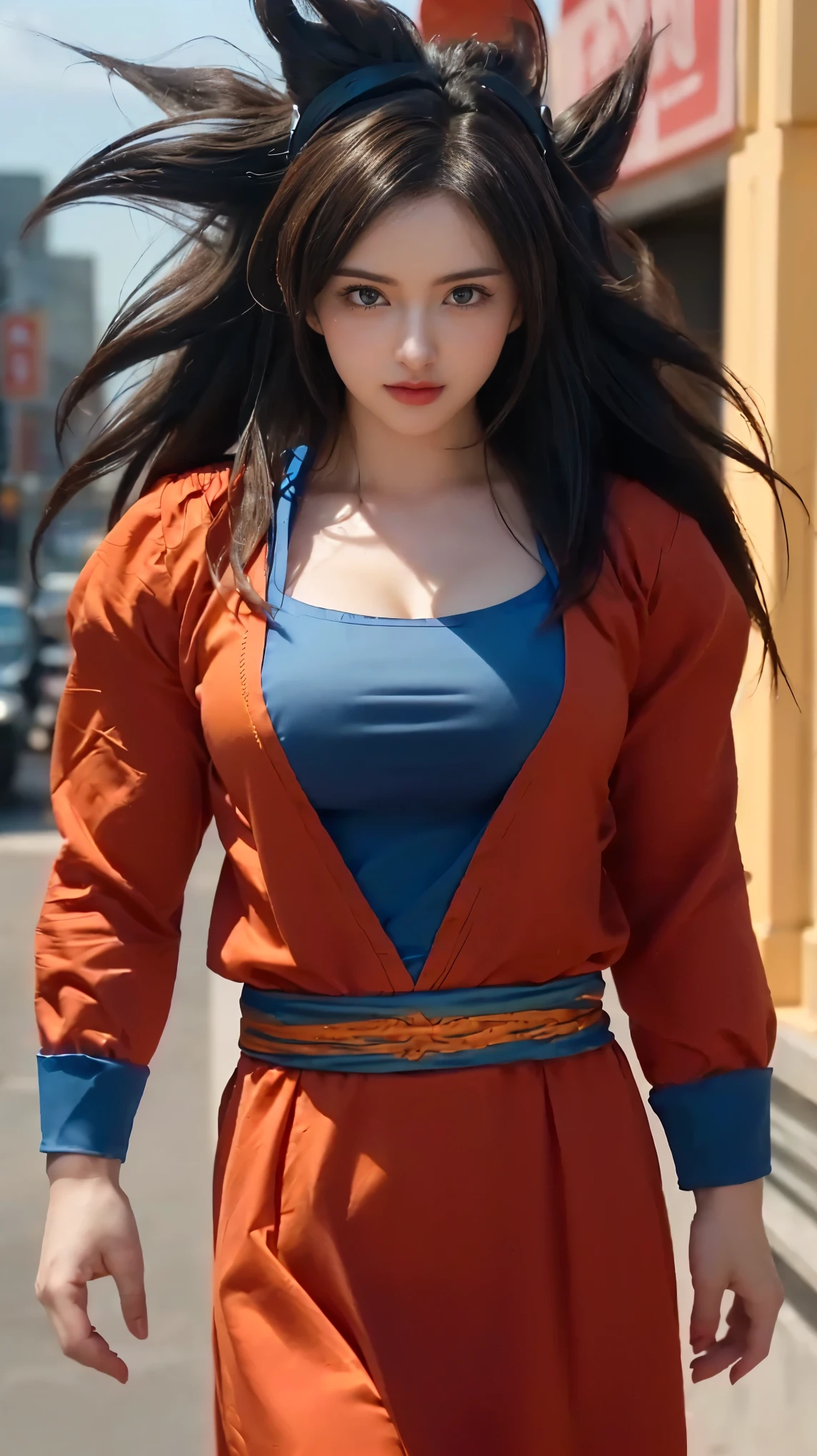 a close up of a woman in a dress with a dragon on her head, large breasts, slightly visible cleavage, firm breasts, thin lips, shiny lips, sexy body, russian , blue eyes, saiyan girl, female goku, anime girl in real life, anime cosplay, character dragonball, anime girl cosplay, full-cosplay, Son Goku, Goku super Saiyan, hyper realistic, realistic style, professional cosplay, human goku, photorealistic human goku, realistic cosplay, goku from dragon ball. soft lighting (((professional))), realistic.