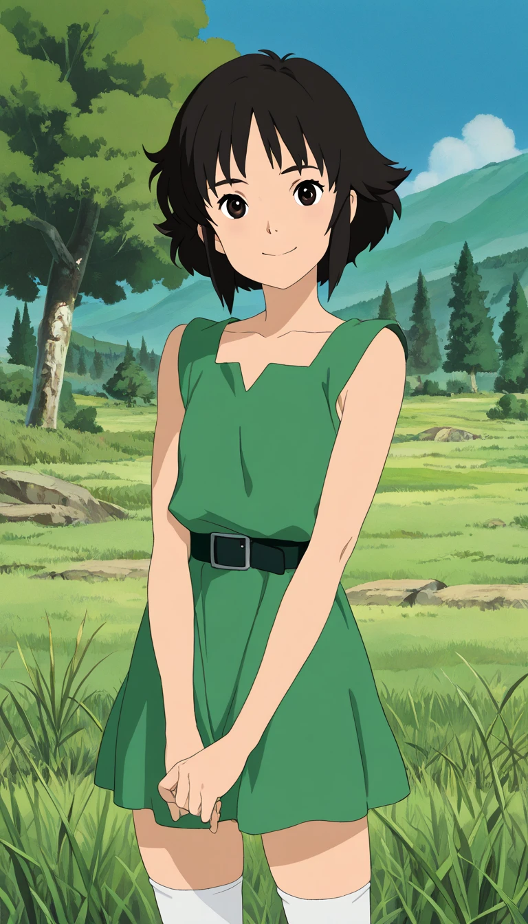 (1girl, Buttercup), (extremely detailed CG unit 8k wallpaper),(master part), (best quality), (ultra detail), (best illustration),(ghibli_style), cowboy shot, standing, facing viewer, looking at viewer, perfect face, perfect eyes, perfect fingers, petite, (Sharp eyeliner, ombre, detailed eyes:1), ghibli landscapes, scenery, outdoors, tree, grass, traditional media, blue sky, cottage, break , upper body, solo, smile, (black hair, short hair, dress, green sleeveless dress, simple black belt, white thighhighs)