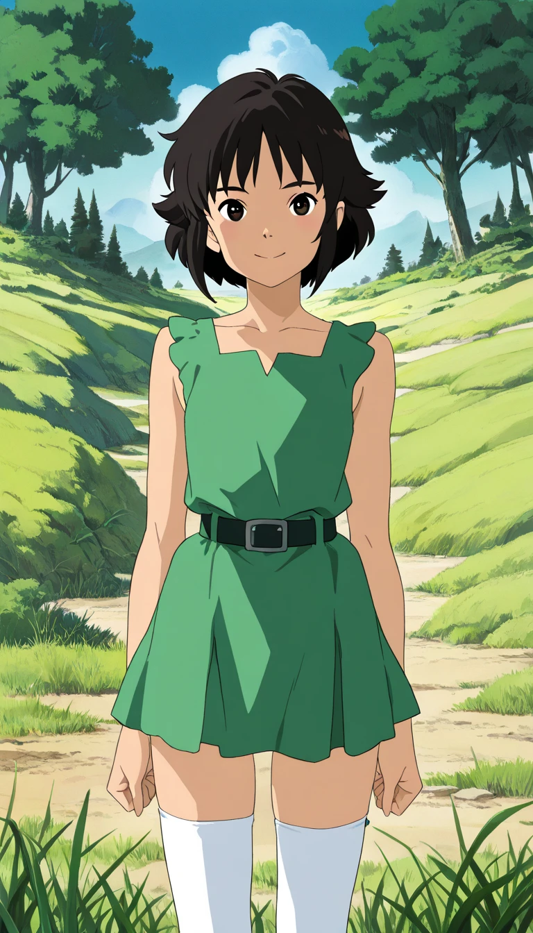 (1girl, Buttercup), (extremely detailed CG unit 8k wallpaper),(master part), (best quality), (ultra detail), (best illustration),(ghibli_style), cowboy shot, standing, facing viewer, looking at viewer, perfect face, perfect eyes, perfect fingers, petite, (Sharp eyeliner, ombre, detailed eyes:1), ghibli landscapes, scenery, outdoors, tree, grass, traditional media, blue sky, cottage, break , upper body, solo, smile, (black hair, short hair, dress, green sleeveless dress, simple black belt, white thighhighs)