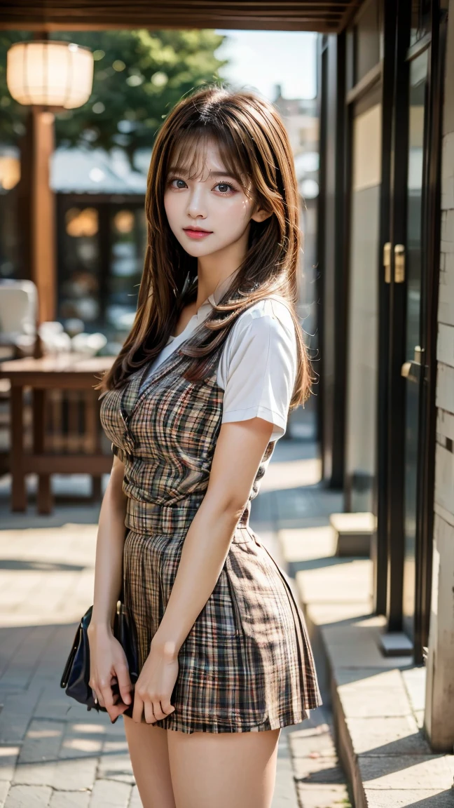 (Best quality,8k,high resolution,masterpiece:1.2),Digital Artwork,A girl,Delicate face,Delicate eyes,Dark brown hair,Straight Hair,Shining amber eyes,Red lips,suspender long skirt,particle,dust,Warm colors,shy,in love,Eevee drawing,Men's white collar shirt,necklace,Jewelry,Pretty Face,Large Breasts,more than_Body,Tyndall effect,lifelike,Dark Studio,(HD Skin:1.2),8k Ultra HD,Soft Light,high quality,Edge lighting,Two-color lighting,Volumetric Lighting,frank,Professional photography,超high resolution,8k,Bokeh,Shallow depth of field