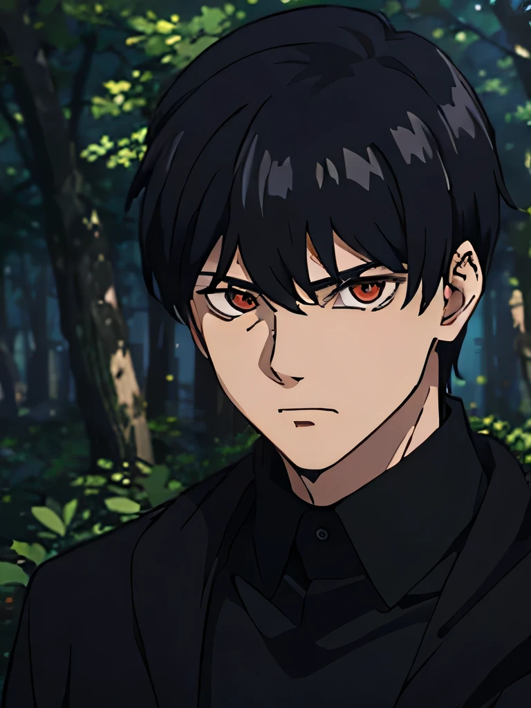 20 year old man , bear , strong , tough , black hair color , red eye color, wearing a black shirt, wearing black robes, Clever, front facing , anime, HD, manipulatif, Criminals , cunning , vampire man , wearing black blazer , cruel , strategist , forest background, evil laughing face