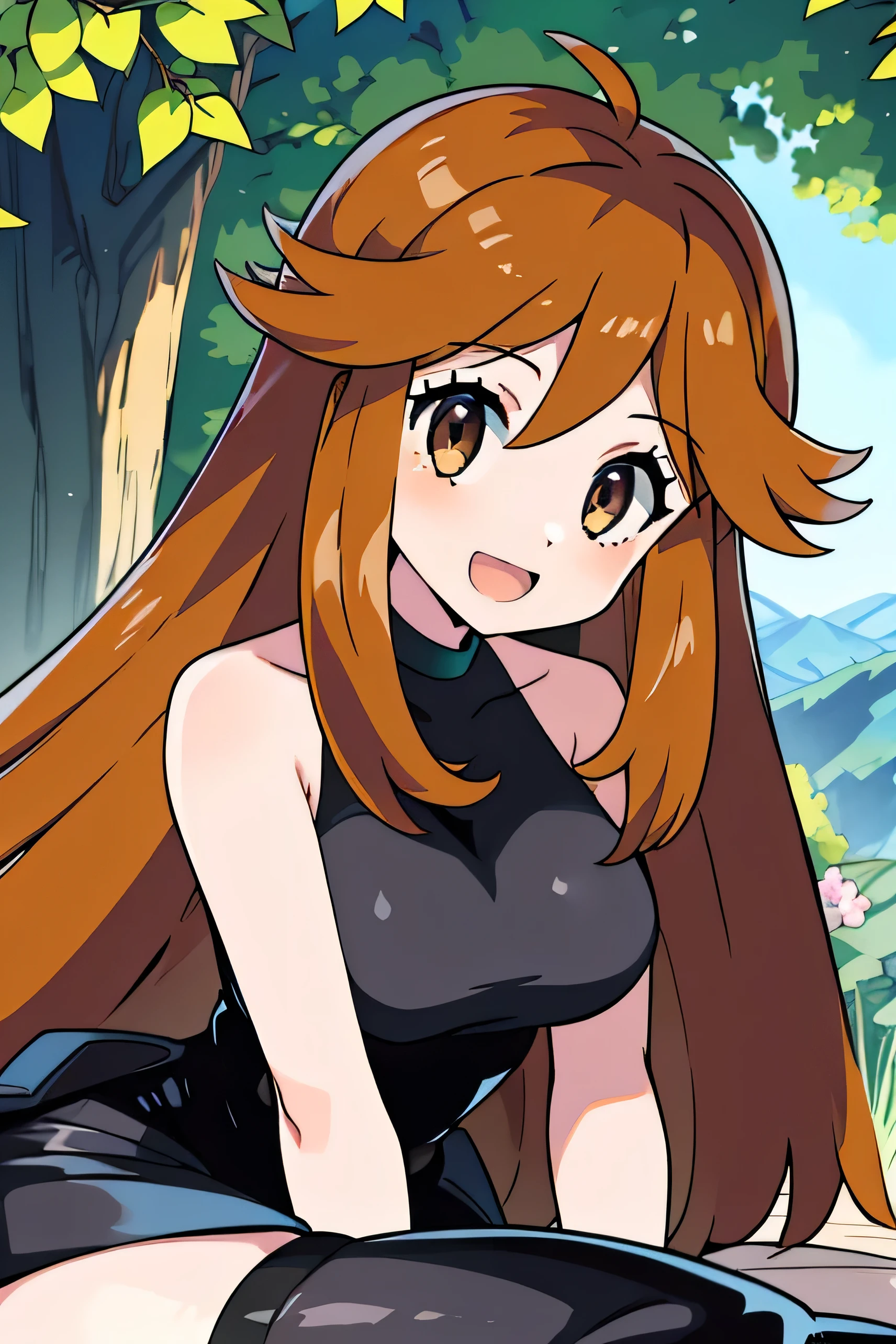( best quality)(Masterpiece)(pokemon leaf)(Plain、black sleeveless dress,1.3)from,avoid,canyon(overlooking:1.3)(White gloves:1.2),(girl, deep orange-bronze hair, long hair,hairs between eyes,swept bangs,wavy hair,cuddle:1.2)(cuddle:1.2) flipped long hair 先端(medium breast)(black eyes) 1girl , is sitting、smile、 open your mouth slightly、Raise your finger。leaning significantly forward, with her hands firmly placed on her knees、