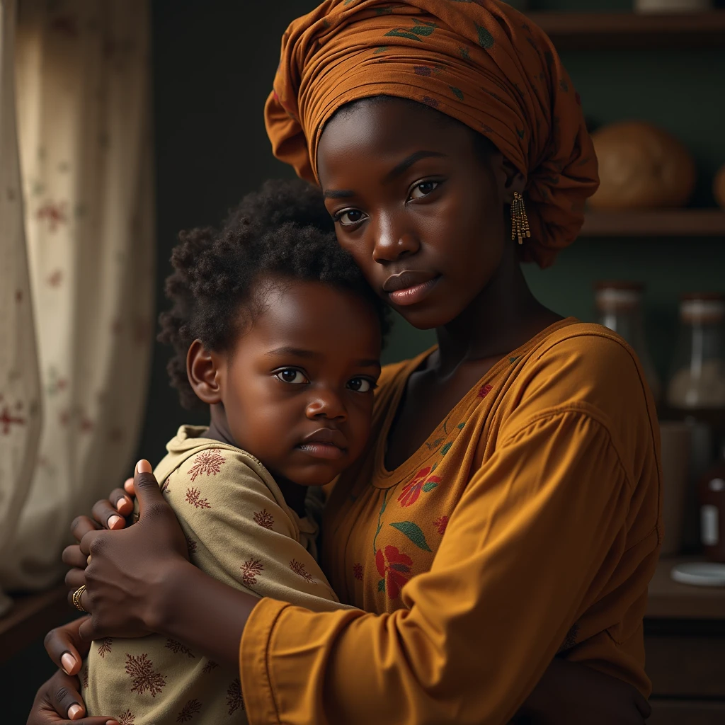 A beautiful Virgin Mary gently cradling children suffering from hunger in Africa.