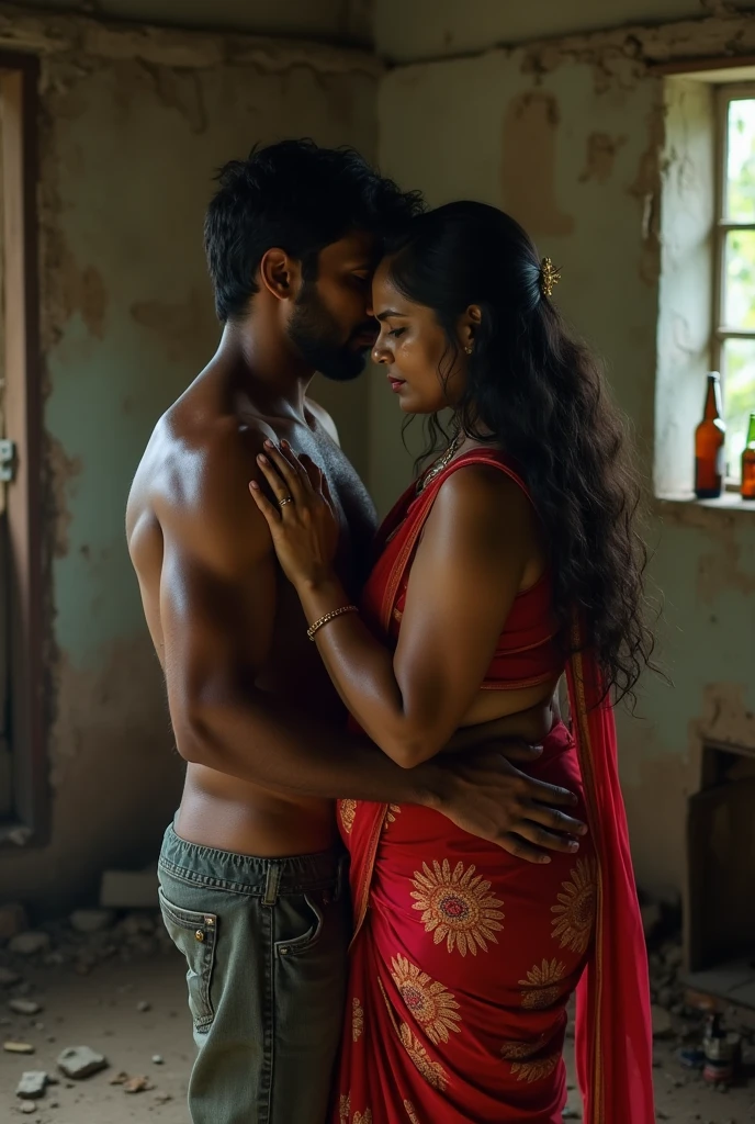 hot slim curvy white south indian milf with long single plaited hairstyle, big breast, big hip, very big ass, thick thighs, woman wearing saree pallu down, cleavage, indian couple, very short indian black man with short haircut, muscular body and big moustache, man wearing shorts, woman with man, couple in house, high resolution, couple looking at camera, tall woman and short man, close-up potrait, Closed Mouth, serious face, front full body view, bright lighting, man choking woman neck, group of man and one woman