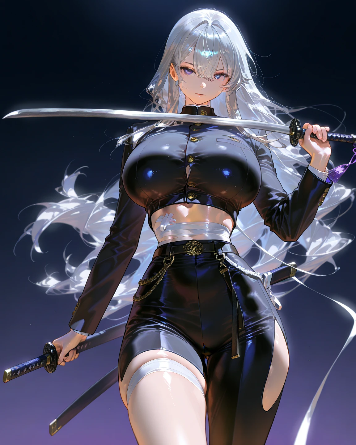 ((The Ultimate Beauty of Japan))、Mature、Beautiful facial features、(Big eyes:1.3), Detailed lips, inely detailed beautiful eyes, Double eyelids, long eyeslashes、(Huge breasts), (Curve), cparted lips, Beautiful teeth alignment, red blush, a captivating gaze、Seductive smile, short brunette bob, tmasterpiece,(long legged,Long legs),best qualtiy,Hyper-detailing,illustratio,Fine and detailed eyes and detailed face) allure:brunette color hair,Natural makeup,Random color clothes, Round chest,looking at viewert,solo,A MILF,Military Office Background,Standing posture、office、(suit、mini skirt)、Ultra-detailed illustrations、Ultra-precise expression、masterpiece、highest quality、超High resolution、High resolution、(Big Breasts、Sweat、body fluid)、(Light blue hair、Ponytail)、(Angry expression)、Mommyf、masterpiece, best quality, 1girl, blonde_hair, ultra detailed face, long eyelashes, red_eyes, boots, breasts, clenched hand, clenched hands, crop top, full body, gloves, knee boots, ultra long ponytail hair, ultra detailed dark wings, medium breasts, Blue skirt, midriff, navel, long fringe hair, solo, standing, thighhighs, turtleneck, black leotard, ninja, (holding a long samurai sword, long perfect katana, glowing sword), burning japanese village backdrop, danger atmosphere, grim, stance, full body with costume