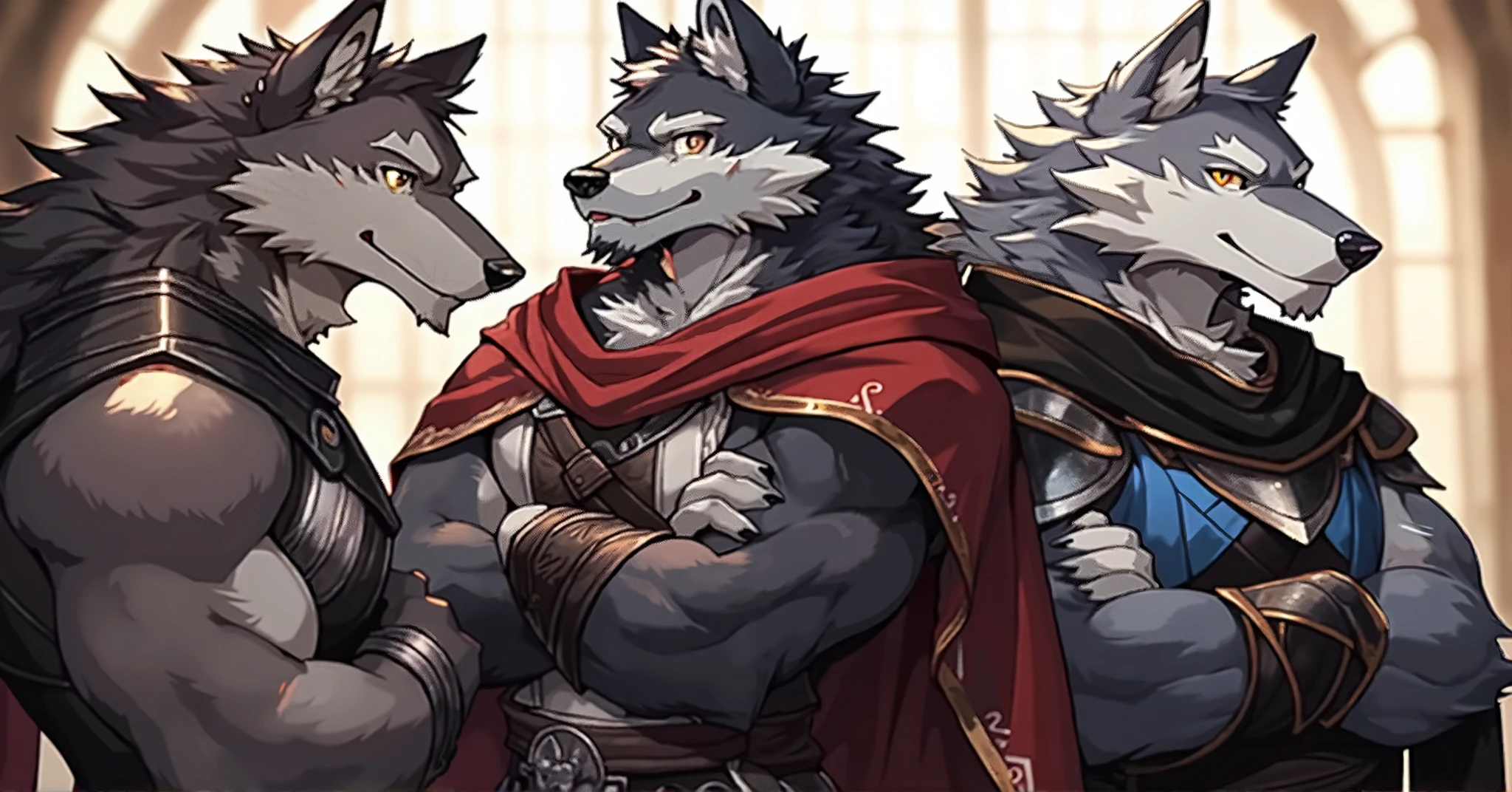 Wolf ,male ,Black feather ,穿着奇幻冒险家Leather Armor'Leather Armor , In the pub. , Another Wolf kissed his lips shyly. kiss, 接kiss. Sitting at the table, Hands on Hips, Being pulled closer, excited, Cute expression