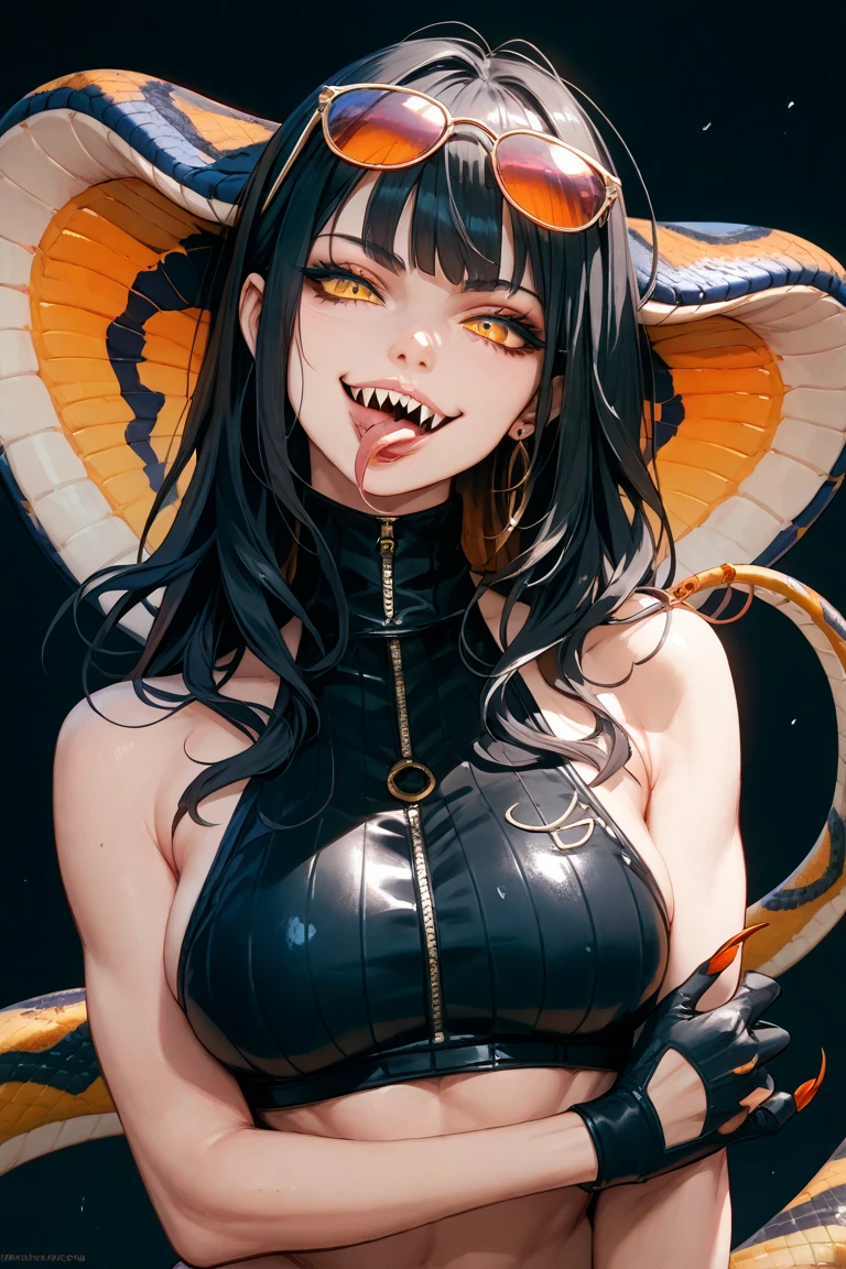 (finely best quality illustration:1.1), (1girl, solo:1.1), (black short hair:1.1), (masterpiece, ultra high quality), (standing), (full body), (1girl), (solo), (female focus), (Singular, large horn), (monster girl), (Messy bob-cut with sharp bangs), ((bangs covering eyes)), (big eyebrows), (angry eyes), (long tailbone in rear) (Cute anime snake eyes), (limbless female body) Coral Snake Beastman, Orange eyes, Black hair, Furry, 1 girl, angry eyes, red black and yellow scales, harness with mechanical limbs, amputee body