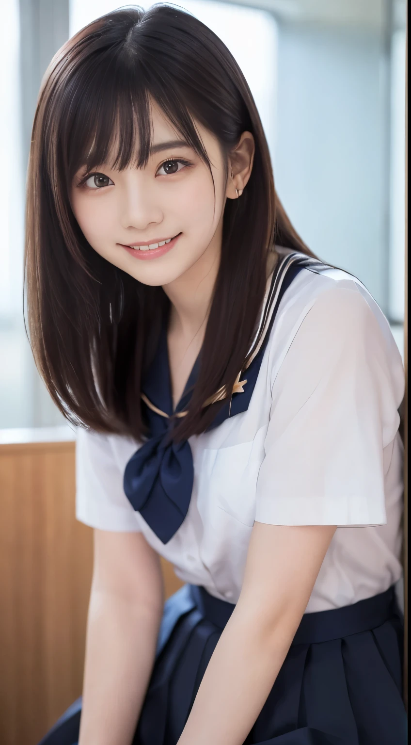 (hyper is present:1.4), ( is present:1.3), (Smooth lighting:1.05), ( Improve Video Lighting Quality :0.9), female 1 person, 20-year-old woman, is present lighting, backlight, Face light, RAY TRACING, (Cheerfulness:1.2), (Improved image quality:1.4), (Finest is present textured skin), fine-tuned , Small face, red cheeks, slender body, Medium chest and pointy chin,Japanese idol type, Nogizaka idol, growing skin, (( pause request )), (smile:1.3)), Modest Bang, black hair, Hair behind the ear, Shoulder hair, long hair, teardrop bags
