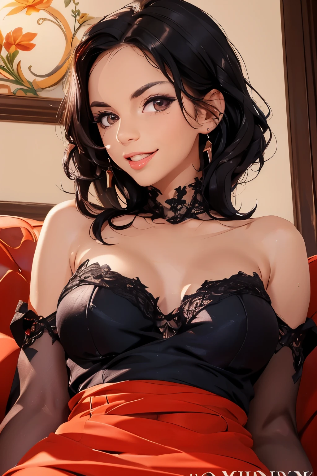Beautiful woman . 28 years old . Romanian . Height 173 centimeters . chest size 4 . black hair . brown eyes . Wearing a light dress . she laughs .