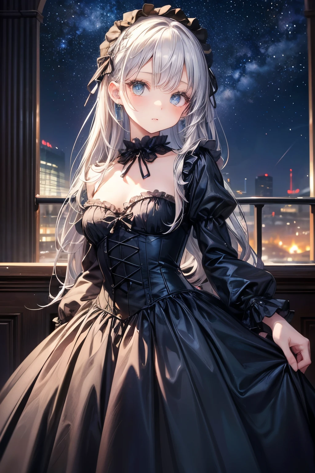 masterpiece, best quality, very detailed,photo is present, is present, ultra high resolution, MASTERPIECE, beautiful girl, Silver Hair, straight hair, long hair, emerald eyes, perfect eyes, small breasts, so cute,Black gothic ta dress,Frills,Jewelry, long skirt, starry sky