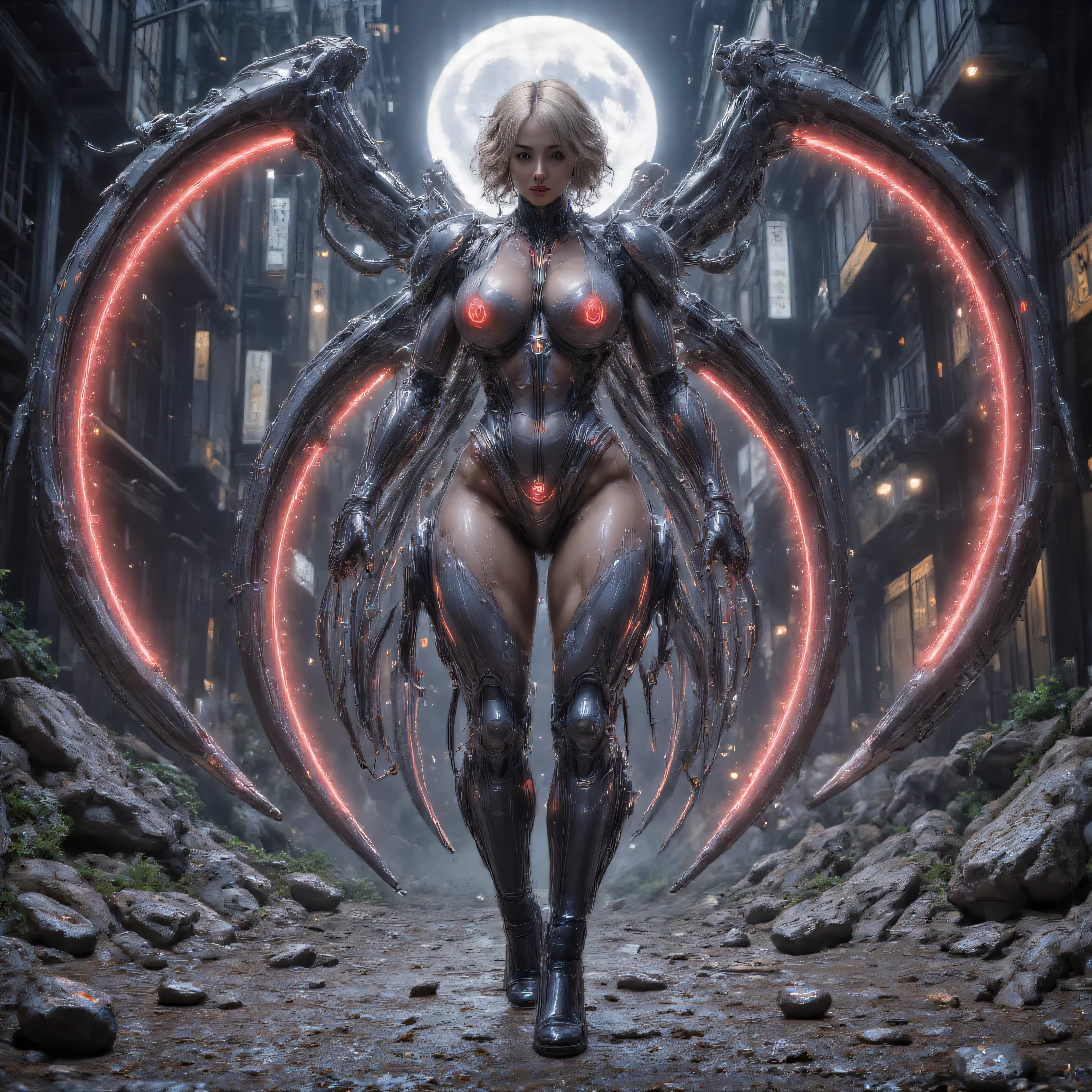 ((best quality)), (detailed), 1 japanese pornstar women fighter, 8k_wallpaper, extremely detailed eyes, (large masterpiece digital art), (intricate details:1.3 ), (ultra-detailed:1.3), (sharp focus:1.3), (natural lighting:1.05), (vivid colors:1.3), (best quality:1.4), expressive eyes, full body, detailed face, beautiful face, perfect face, ((blonde lush and thick curly hair)), (gold eyes), {{dark bronze skin}}, ({dark bronze skinned female}), (big breasts), huge chest, big wide ass, powerful relief muscles of the abdomen and legs, powerful strong muscles of the arms, Full body shot,Magical girl, Monster girl, Heterochromia, Highlights, Mechanical prosthesis, Martin boots, Chinese style, cyber monster girl Musume, she's wearing steel heavy armor of an amphibious cyber stormtrooper in the style of a steel dark blue and red rhinoceros beetle with a dozen thin and flexible tails with cyber tips on the ends, heavy cyber armor in the style dark evil succub, stormtrooper porn bitch, she smiles predatorily while a -mucus flows out of her mouth and runs down her chin, steel leather gloves, behind a backpack and an assault cyberpunk rifle, a wide red belt on which hangs a cyber walkie-talkie, heavy black boots, walking along a night street among the ruins of an old city overgrown with moss and vegetation under the cold lighting of the moon, ultra-realism, cinematics, 16k HD quality, post-apocalyptic, cyberpunk, dark and violent fantasy,