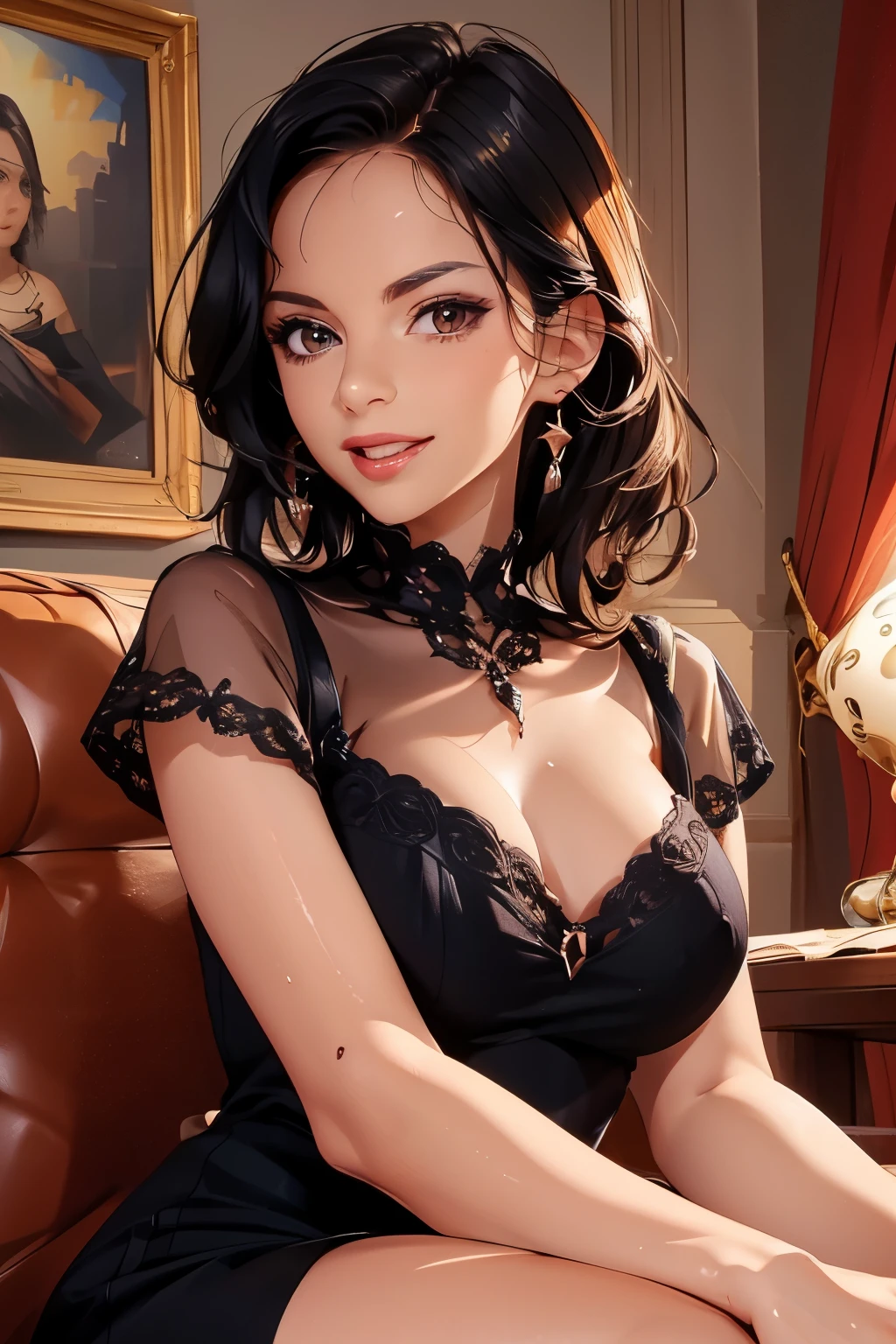 Beautiful woman . 28 years old . Romanian . Height 173 centimeters . chest size 4 . black hair . brown eyes . Wearing a light dress . she laughs .