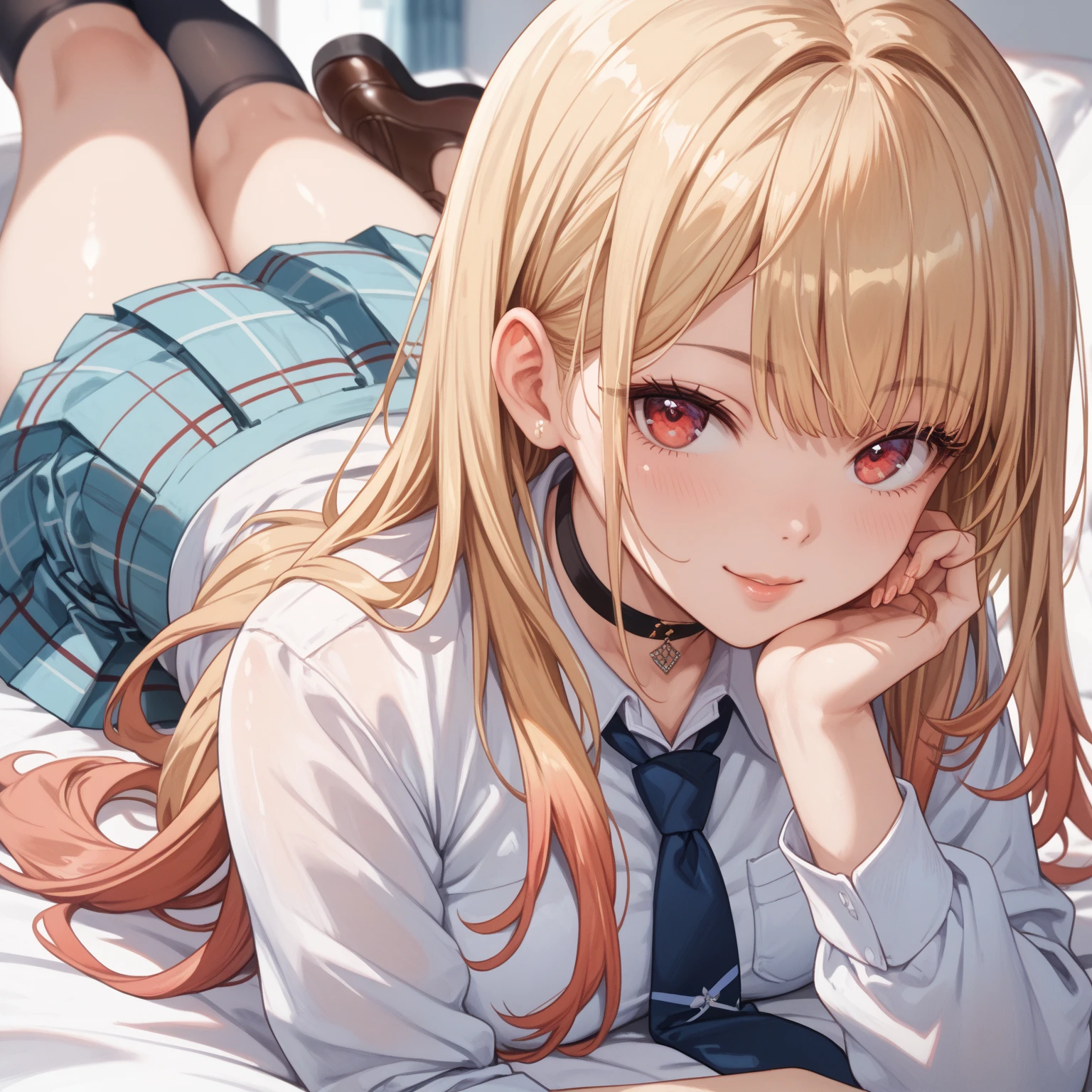 top-quality、1girl,a blond、Twin-tailed、Red eyes、Red cheeks、gargantilha:1.5、Pink teak、Small face、Shy look、Blouse with plaid collar:1.3、Open chest:1.1、Plaid miniskirt、Thin leg、View here、Angle from diagonally above、darkened room、Lying on your back on the bed:1.7、Background blur、masterpiece