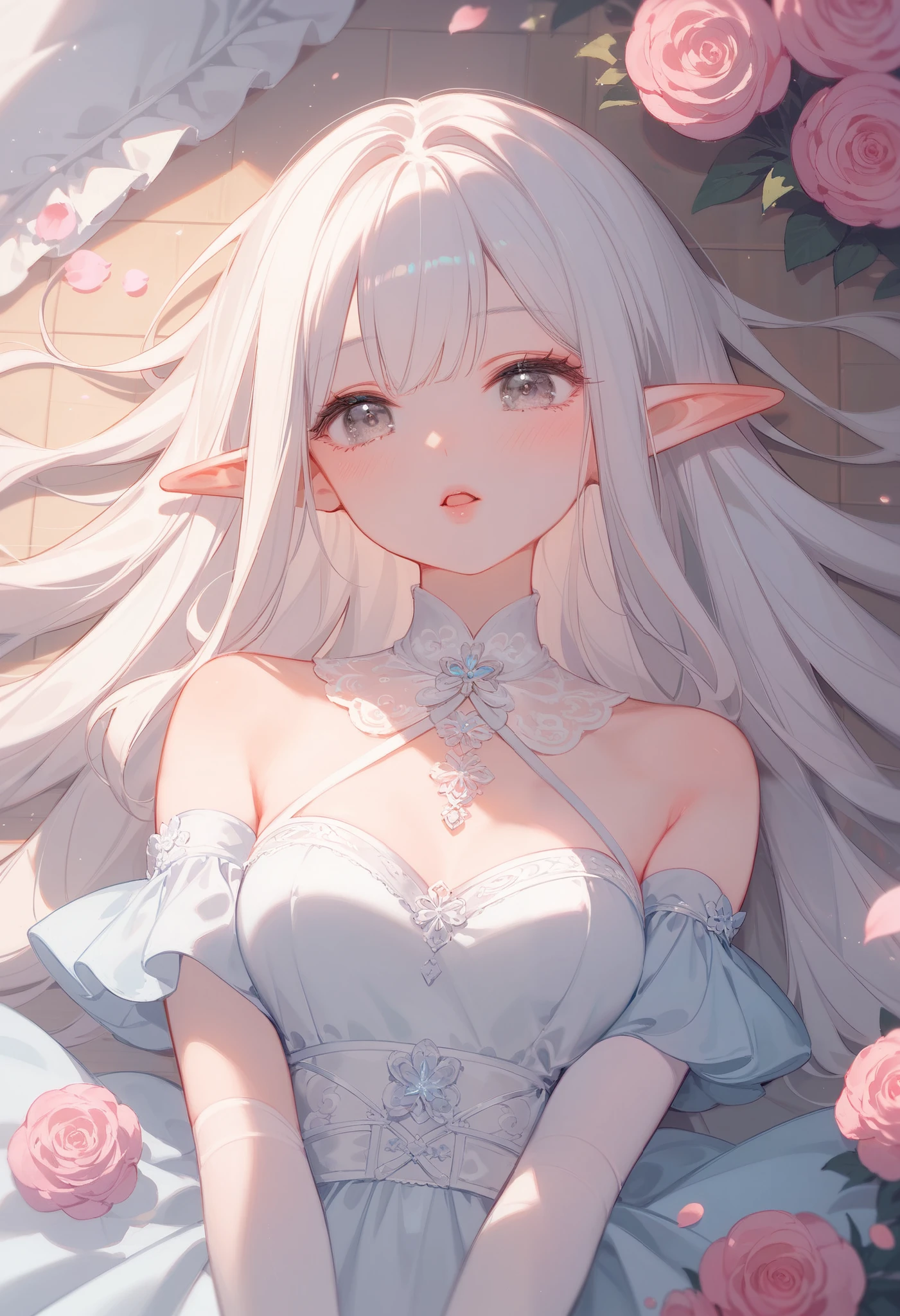 (masterpiece), best quality, highres, ultra-detailed, pastel colors, Girl with long, straight white hair, bangs, tender gray eyes, medium breasts, pale skin, beautiful pink lips, elf ears, adorable blush, adorable face, Tender and adorable body, 
1 girl, pretty dress, white pantyhose, arms close to face, lying on her back, shy face, mouth open, background of a room, character focus, beautiful composition, main character cornering her with his arms, view from above.