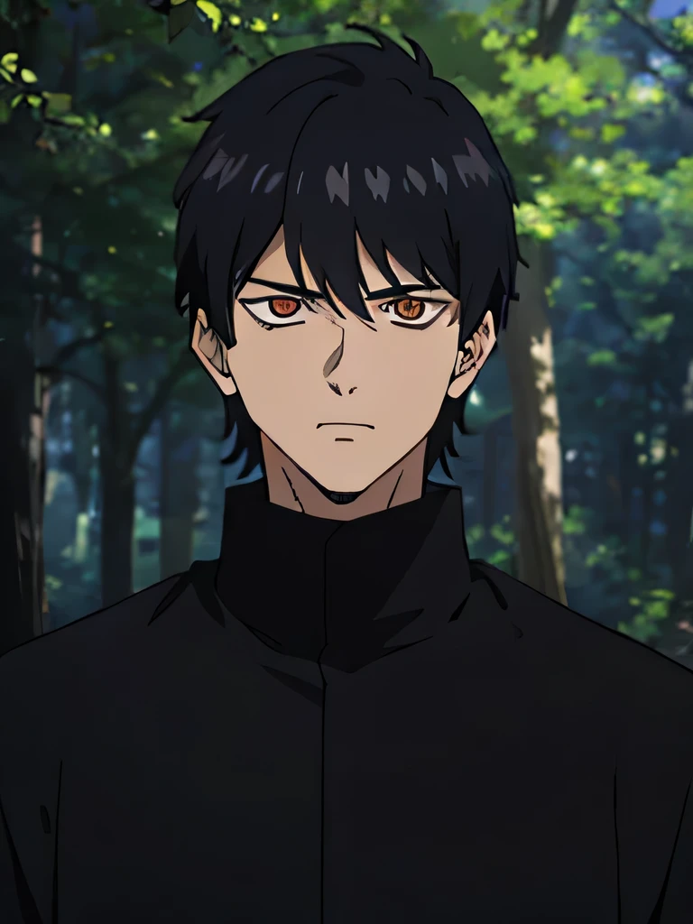 20 year old man , has large high-bodied , strong , tough , black hair color , red eye color, wearing a black shirt, wearing black robes, Clever, front facing , anime, HD, manipulatif, Criminals , cunning , wearing black blazer , cruel , strategist , forest background, evil laughing face