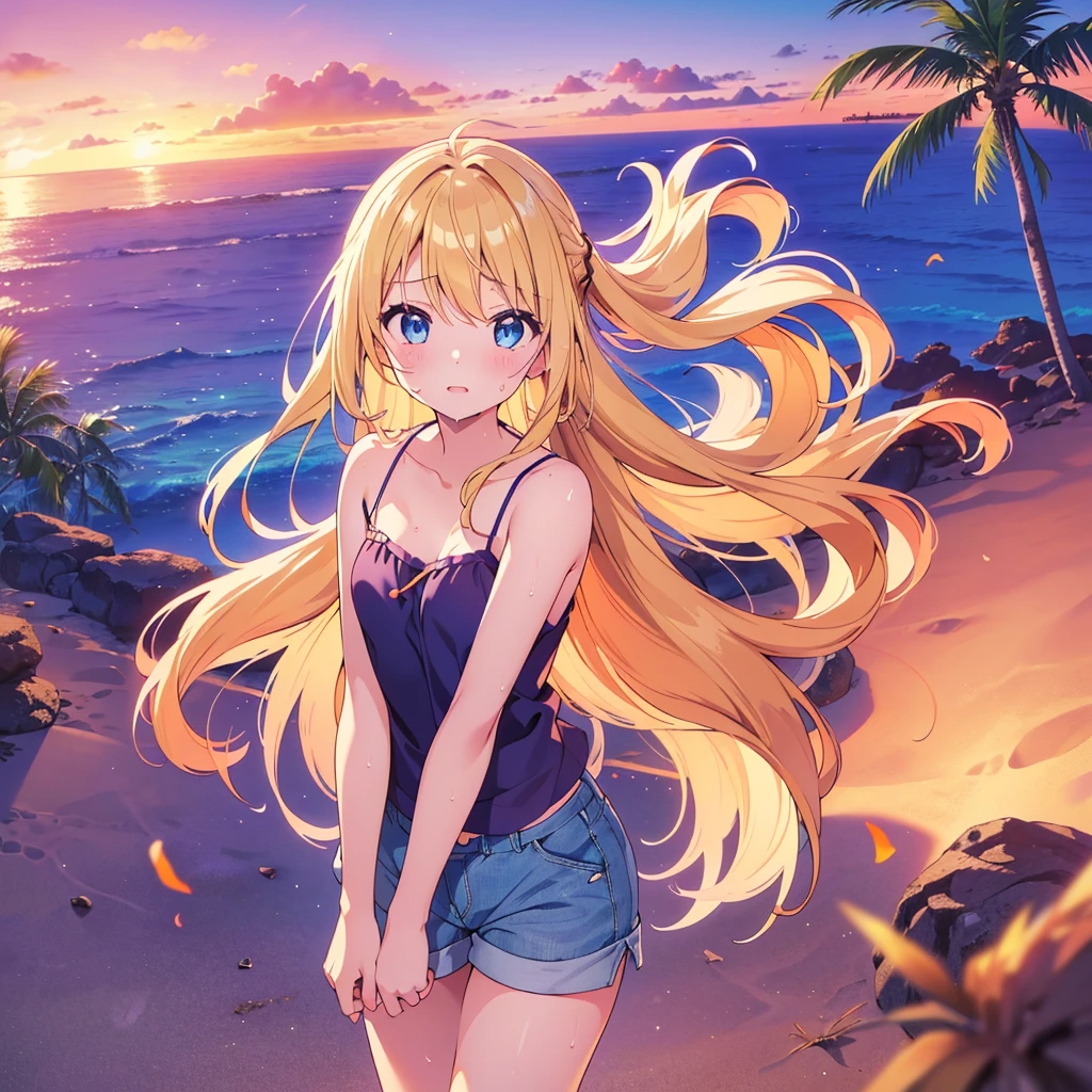 1 girl beautiful slim, long blonde hair small swimsuit, Meer wellen Strand Sommer Sonnen untergang, UHD, masterpiece, anatomically correct, high details, highres, best quality, super detail, 8k