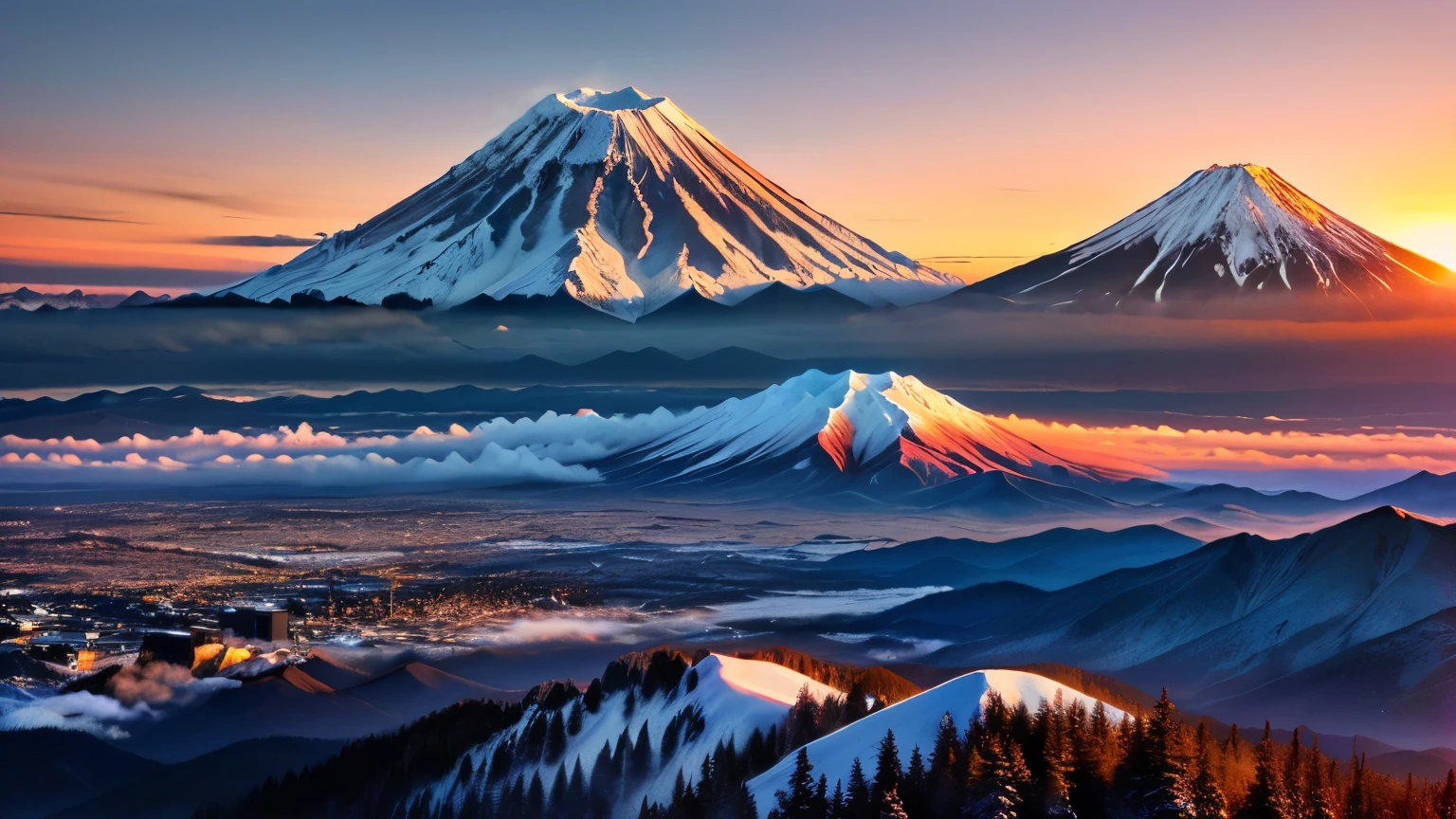 Mountain air setting against the sunset , at snowy Fuji Mountain sunrise , Mount Doom, mount Fuji, m . Fuji, volcano setting, the sun rises between the two mountains, Fuji choko, Mountain sunrise , mount Fuji background, Japanese Mountains, mount Fuji in the background, volcano, mount Fuji on the background, volcano landscape, active volcano
