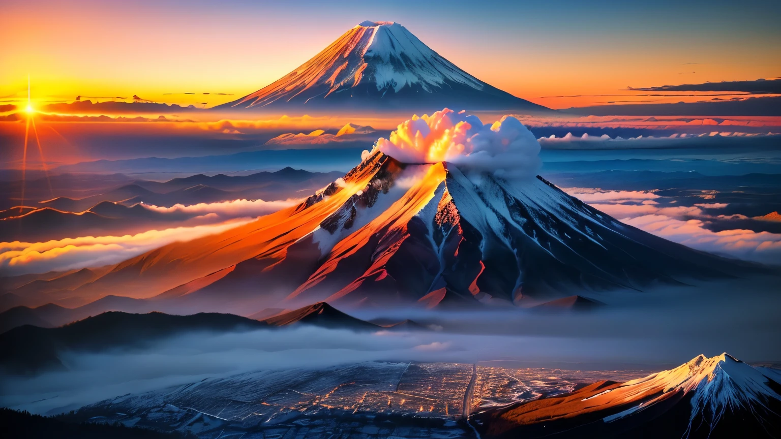 Mountain air setting against the sunset , at snowy Fuji  Mountain sunrise , Mount Doom, mount Fuji,  m . Fuji, volcano setting,  the sun rises between the two mountains, Fuji choko,  Mountain sunrise , mount Fuji background, Japanese Mountains, mount Fuji in the background, volcano, mount Fuji on the background, volcano landscape, active volcano