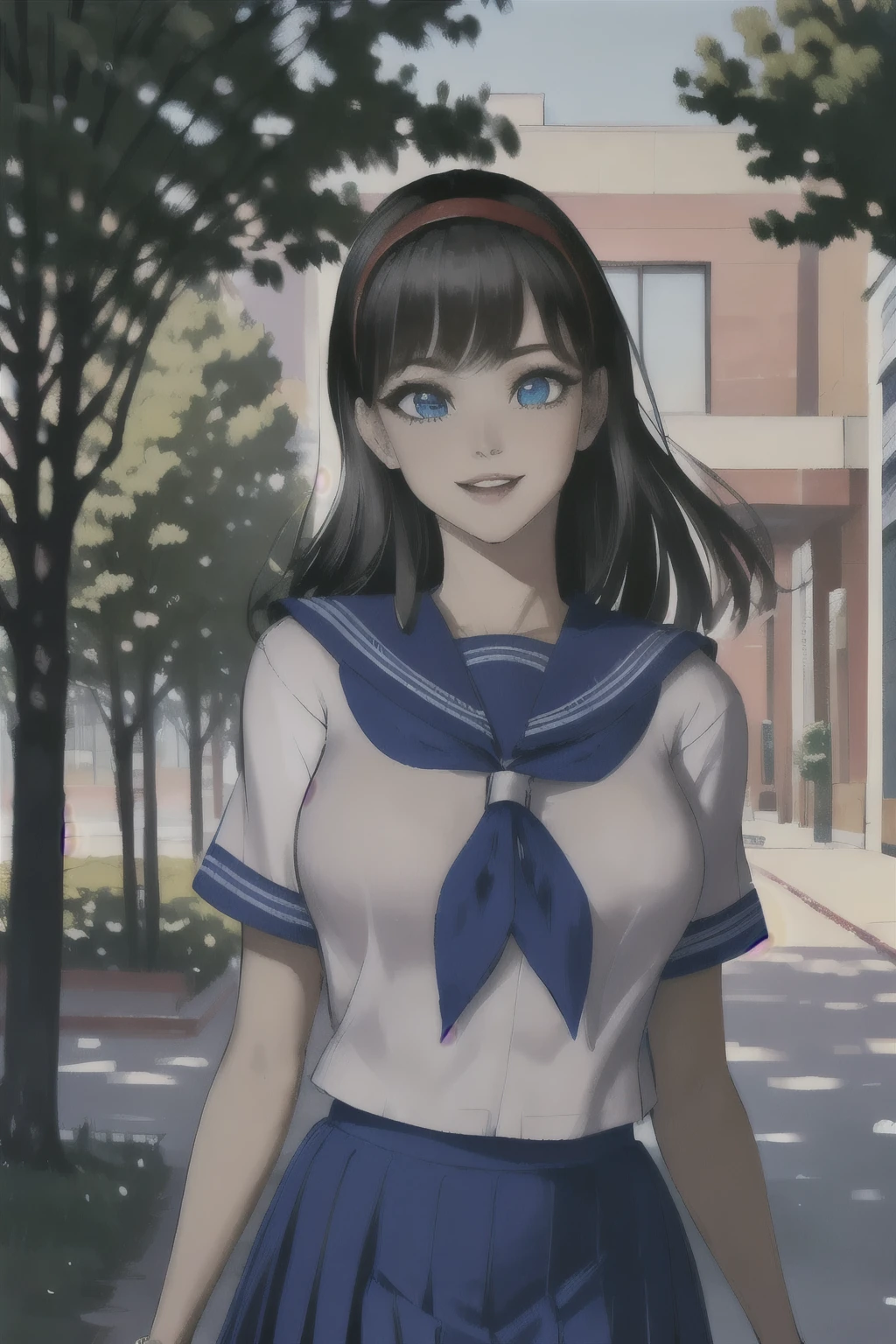 women naked, Ekitokuzu , School, short hair, tea hair, Sera Clothing, pleated skirt, BLUE SKIRT , brown eyes, yellow neckerchief, Short sleeve, (( schoolyard , Outdoors , walking )), smiles, Adam Hughes Style , (( Extreme Details , HIGH QUALITY ART ):1.2)), (( beautiful eyes, detailed eyes , beautiful face, detailed face):1.2)