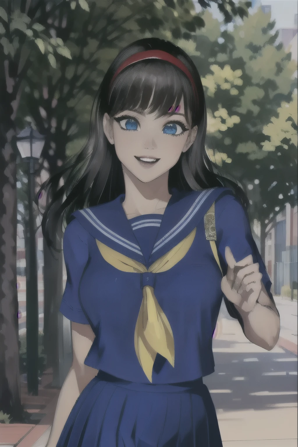 women naked, Ekitokuzu , School, short hair, tea hair, Sera Clothing, pleated skirt, BLUE SKIRT , brown eyes, yellow neckerchief, Short sleeve, (( schoolyard , Outdoors , walking )), smiles, Adam Hughes Style , (( Extreme Details , HIGH QUALITY ART ):1.2)), (( beautiful eyes, detailed eyes , beautiful face, detailed face):1.2)