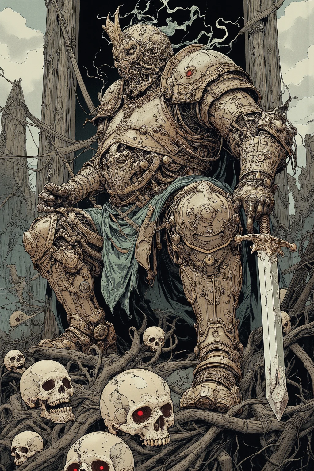 Medieval Knight from Giant Giant , Metal Battle Armor That Covers a Huge Body with Fat ,Overly Huge Helmets ,Helm, Extremely Exaggerated Looking Helmets,ピアスシールド🛡️, Extremely Exaggerated Obese Body ,Great Sword,RPG Art, Highly Detailed Characters,,Dark fantasy style , RPG character concept art , Video Game Art ,Highly Detailed Line Drawing , Low-Saturated Colorful Ink Art,Skull rolling , Official Setting Material ,Contrast,Private House Burning Background