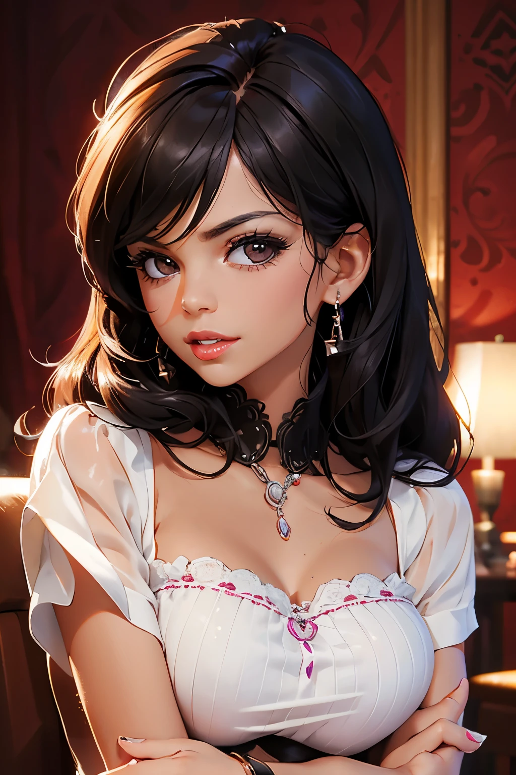 Beautiful woman . 28 years old . Romanian . Height 173 centimeters . chest size 4 . black hair . brown eyes . Wearing a light dress . she laughs .