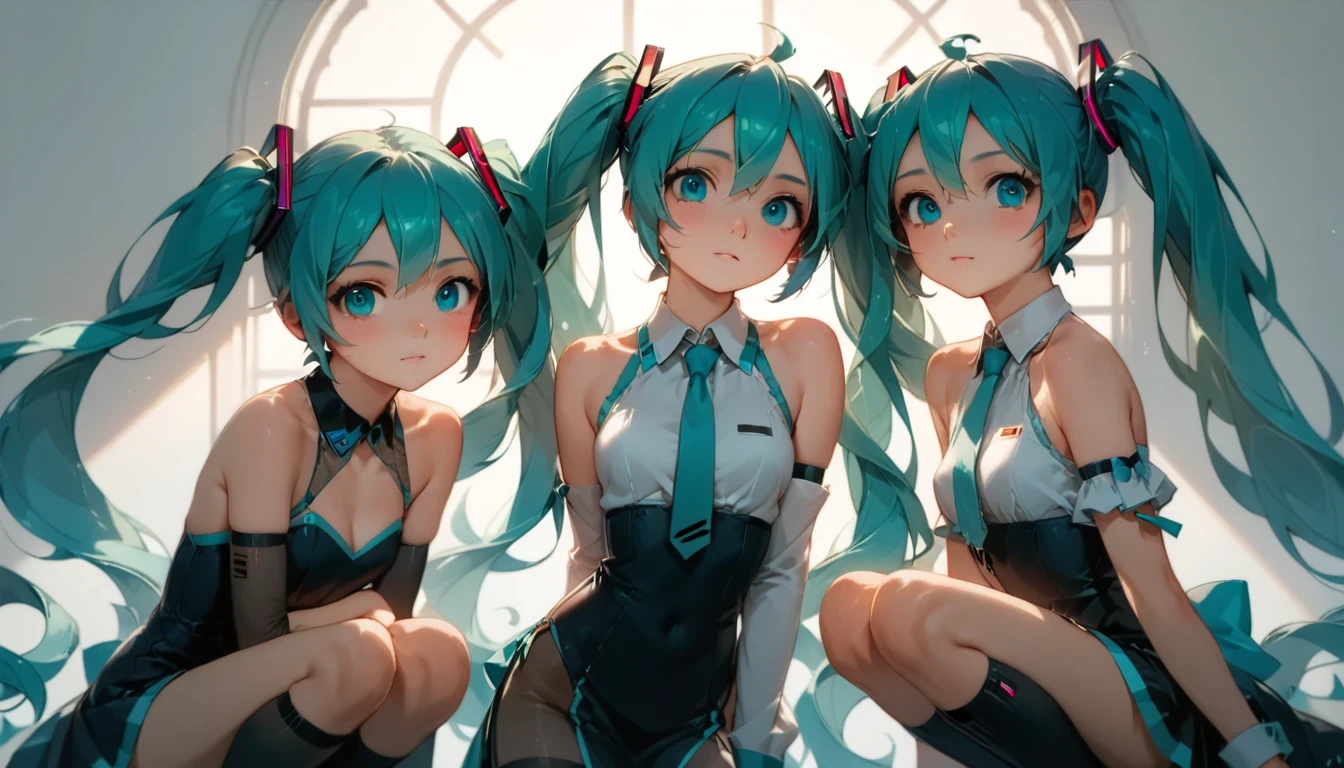 One girl,RAW Photos、Blue-green hair,Dual Horsetail,sexy,Adorable,Small eyes、Expressionless,Squat,Twin tails、hatsune miku、Official Art,unity 8k wallpaper,Very detailed,Beautiful works,Highest quality,Realistic,Photo level、Highest quality、Best image quality、masterpiece、オープンレッグ、
